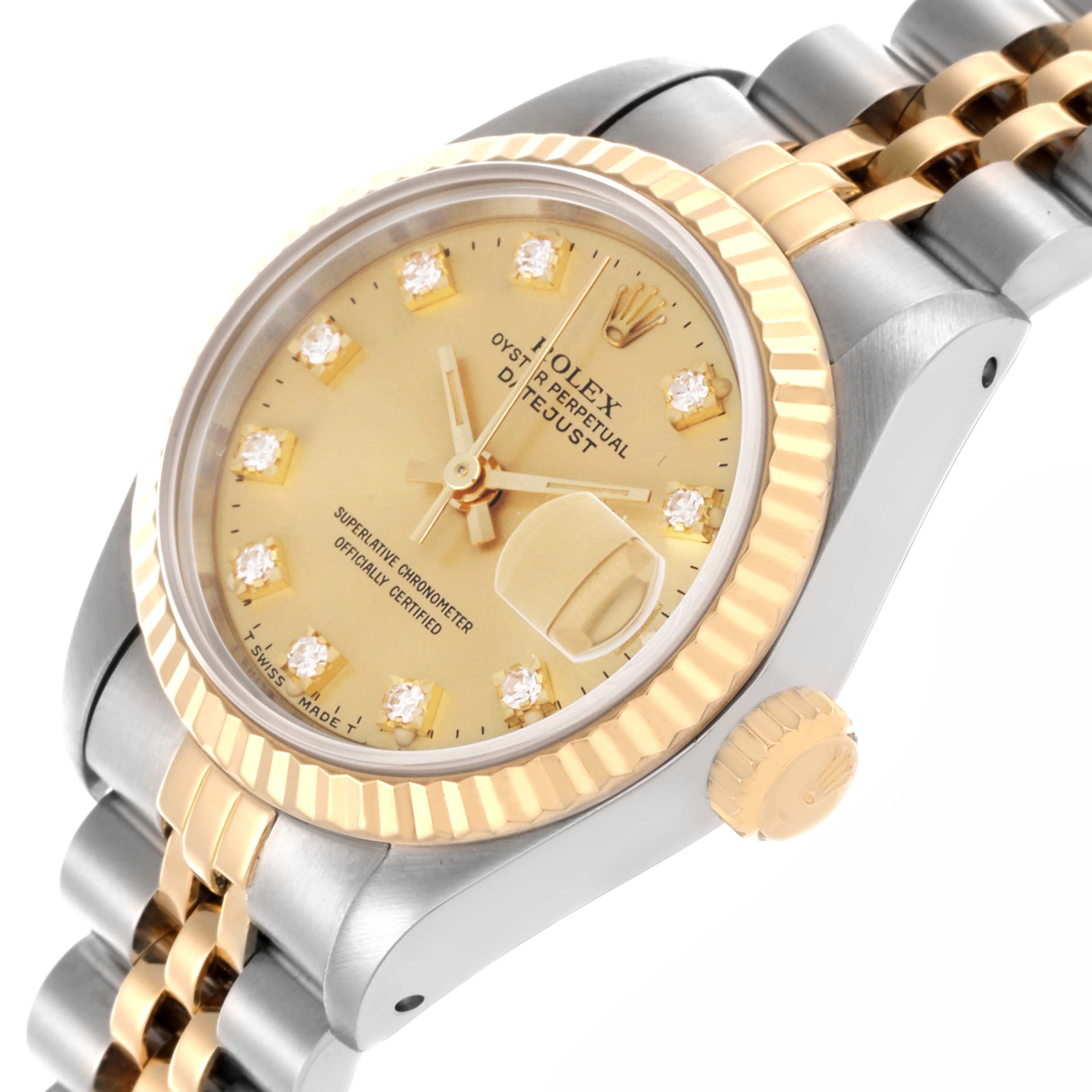 The Rolex Datejust 69173 Women's Steel and Gold (two tone) Champagne Dial 69173 Women's Steel and Gold (two tone) Champagne Dial is shown from an angle highlighting the gold fluted bezel, champagne dial with diamond markers, and Jubilee bracelet.