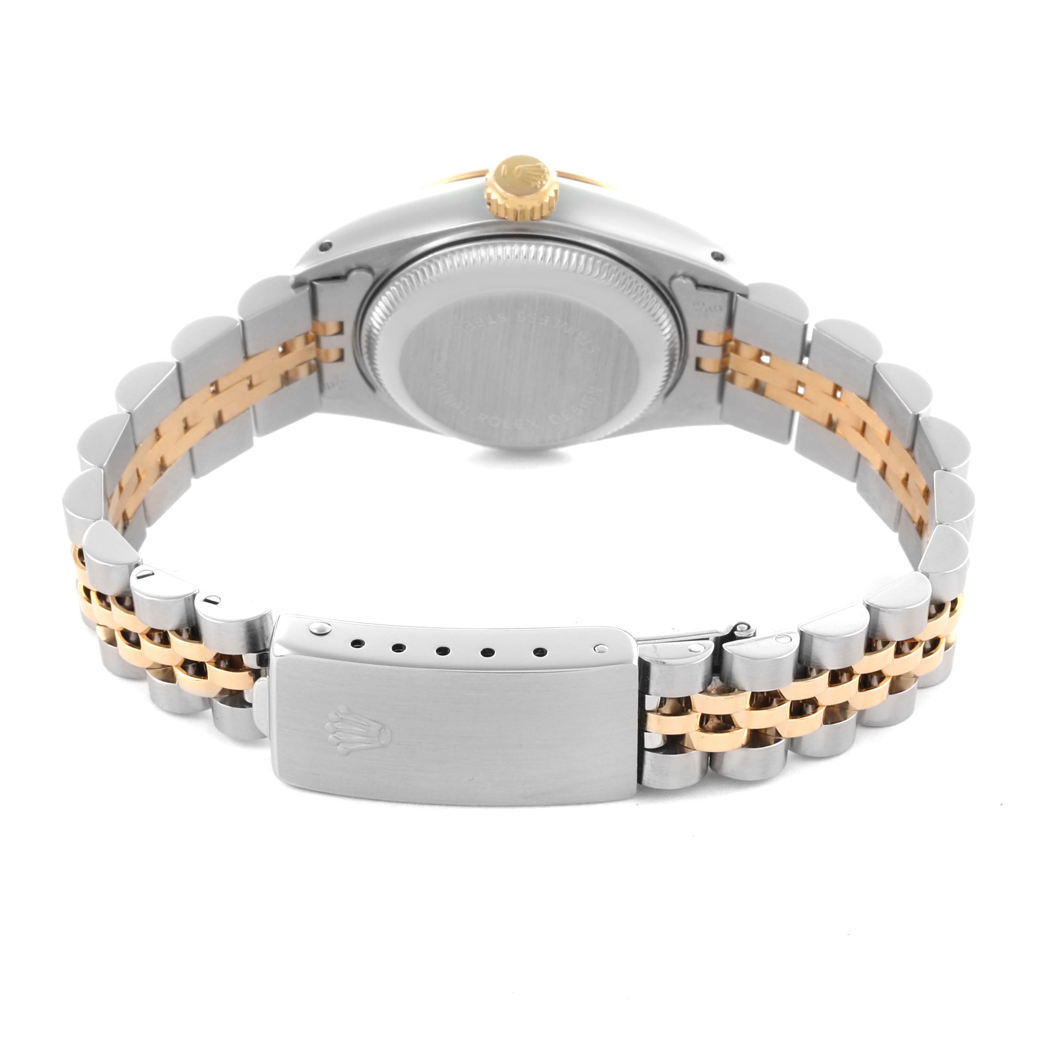 The image shows the back view of a Rolex Datejust 69173 Women's Steel and Gold (two tone) Champagne Dial 69173 Women's Steel and Gold (two tone) Champagne Dial watch, highlighting the clasp, bracelet, and case back.
