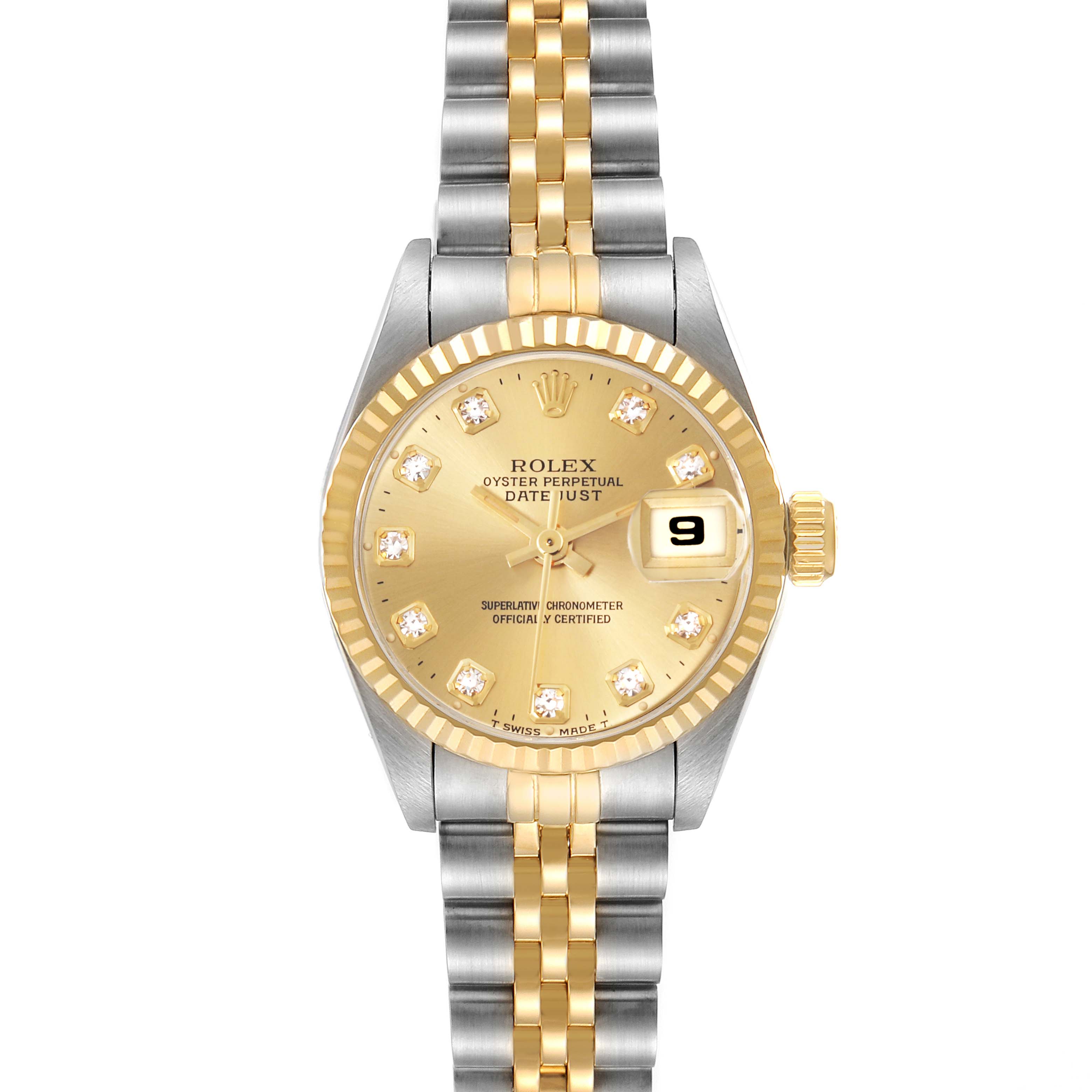 The Rolex Datejust 69173 Women's Steel and Gold (two tone) Champagne Dial 69173 Women's Steel and Gold (two tone) Champagne Dial watch is shown from a front angle, displaying its gold dial, date window, and two-tone bracelet.