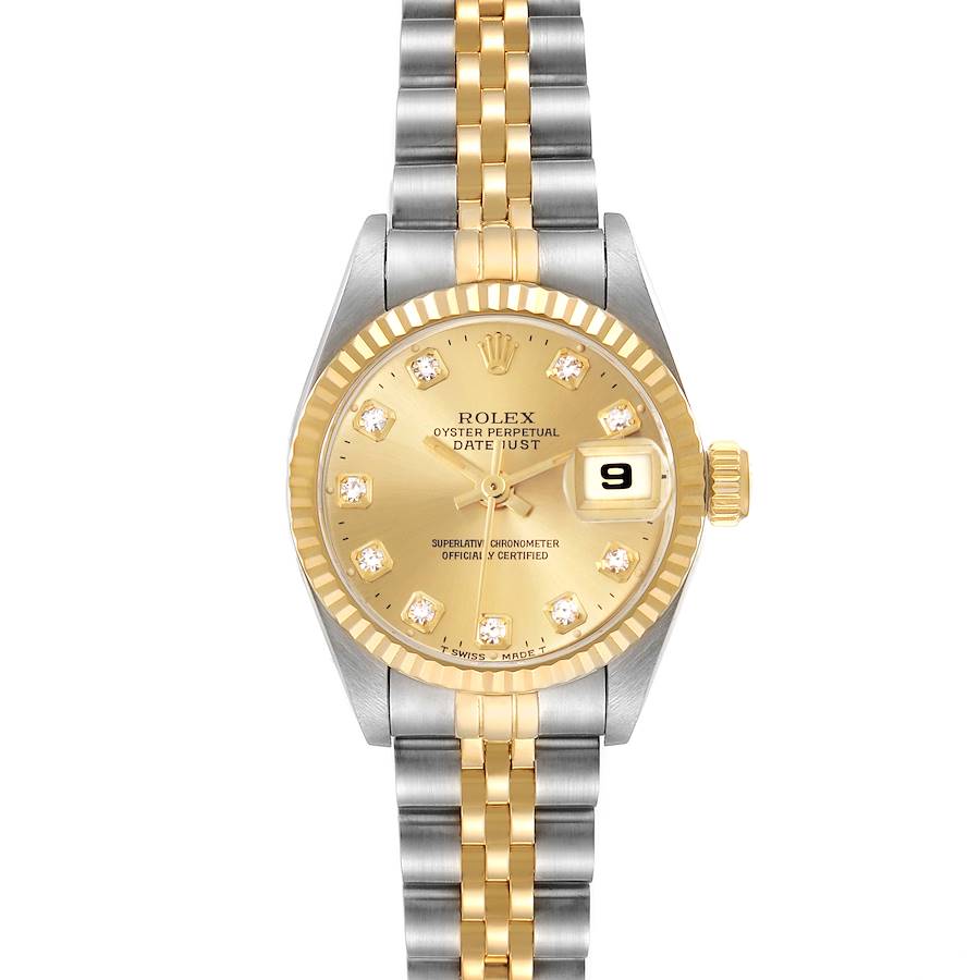 The Rolex Datejust watch is shown from a front angle, displaying its gold dial, date window, and two-tone bracelet.