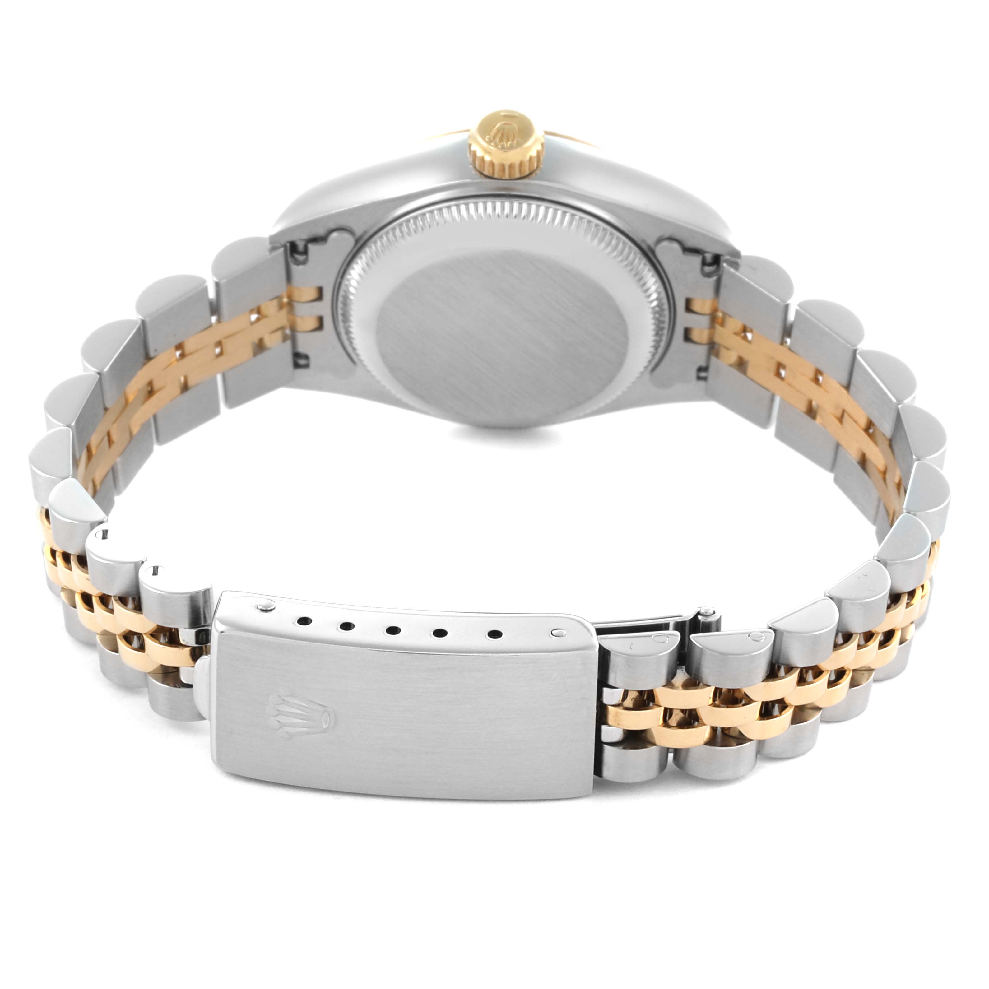 The Rolex Datejust 69173 Women's Steel and Gold (two tone) Champagne Dial 69173 Women's Steel and Gold (two tone) Champagne Dial watch is shown from the back, highlighting the case, crown, and two-tone bracelet with clasp.