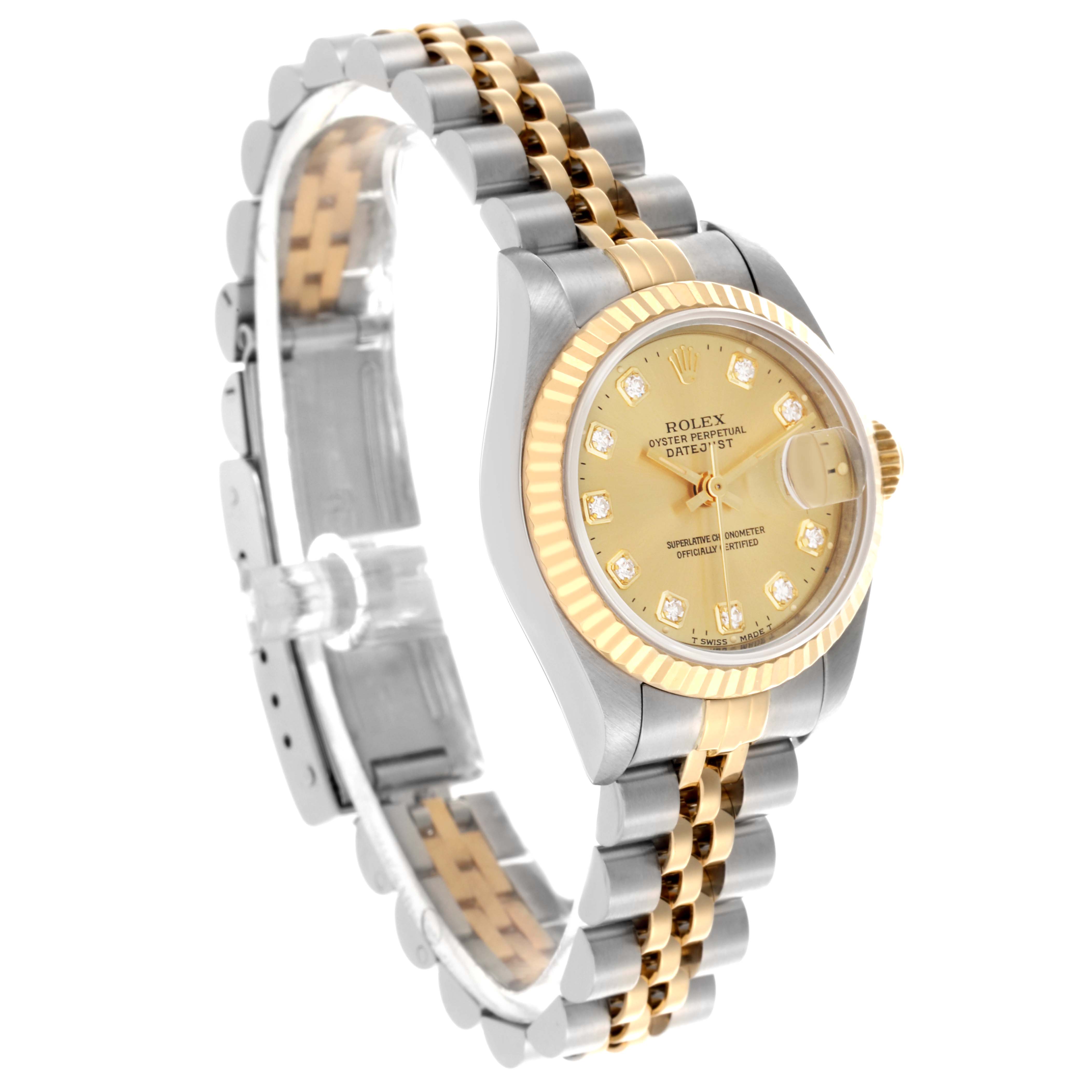 The image shows a Rolex Datejust 69173 Women's Steel and Gold (two tone) Champagne Dial 69173 Women's Steel and Gold (two tone) Champagne Dial watch at a three-quarter angle, highlighting its gold dial, bezel, and two-tone bracelet.