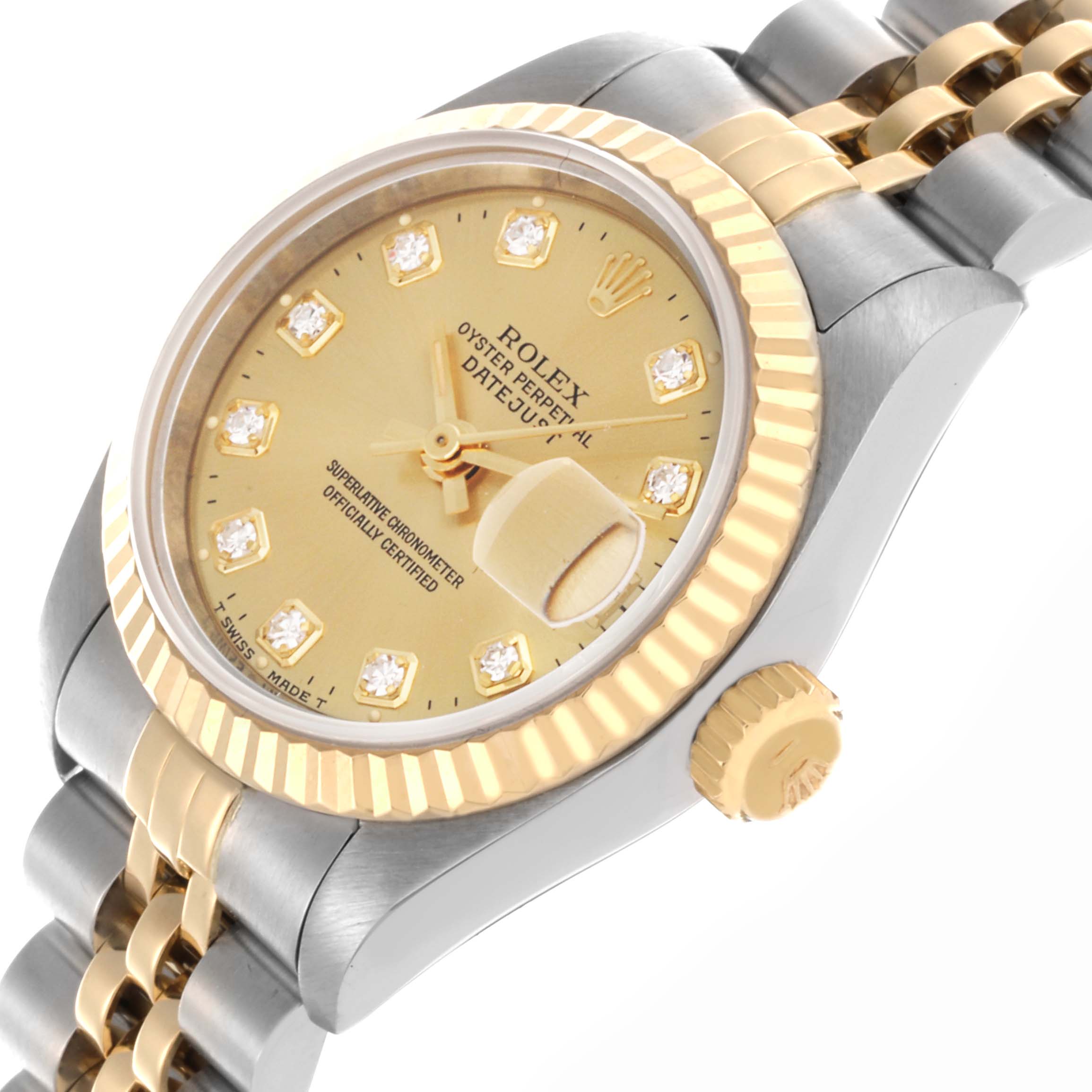 The Rolex Datejust 69173 Women's Steel and Gold (two tone) Champagne Dial 69173 Women's Steel and Gold (two tone) Champagne Dial watch is shown at a slight angle, highlighting the bezel, face, crown, and part of the band.