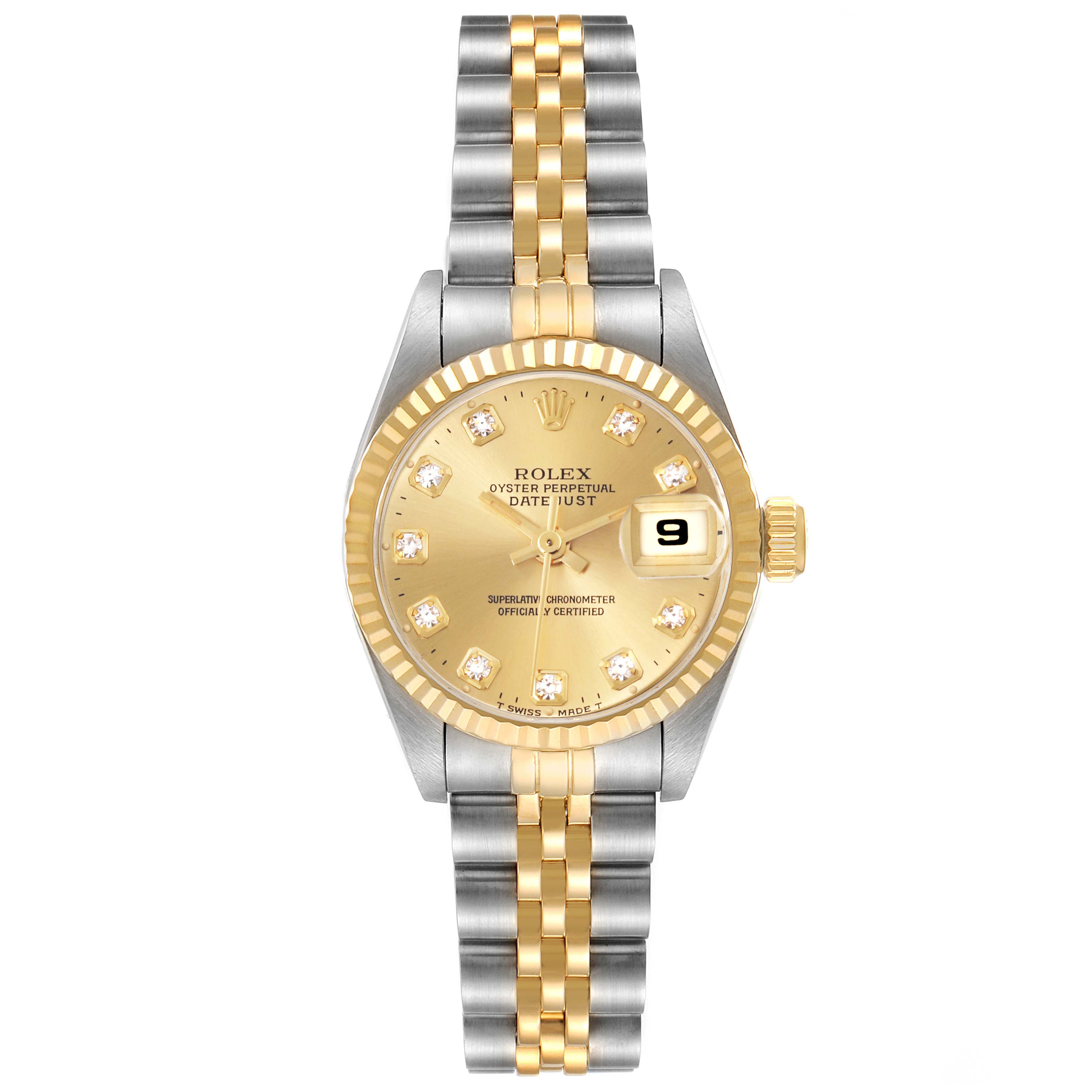 The Rolex Datejust 69173 Women's Steel and Gold (two tone) Champagne Dial 69173 Women's Steel and Gold (two tone) Champagne Dial watch is shown from a front view, displaying the dial, bezel, crown, and bracelet in two-tone gold and silver.