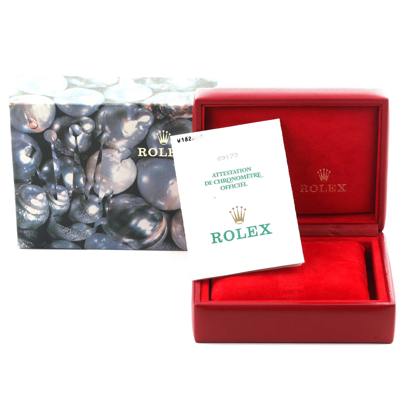 The image shows a Rolex Datejust 69173 Women's Steel and Gold (two tone) Champagne Dial 69173 Women's Steel and Gold (two tone) Champagne Dial watch box and certificate, with the box open and the documentation in front.