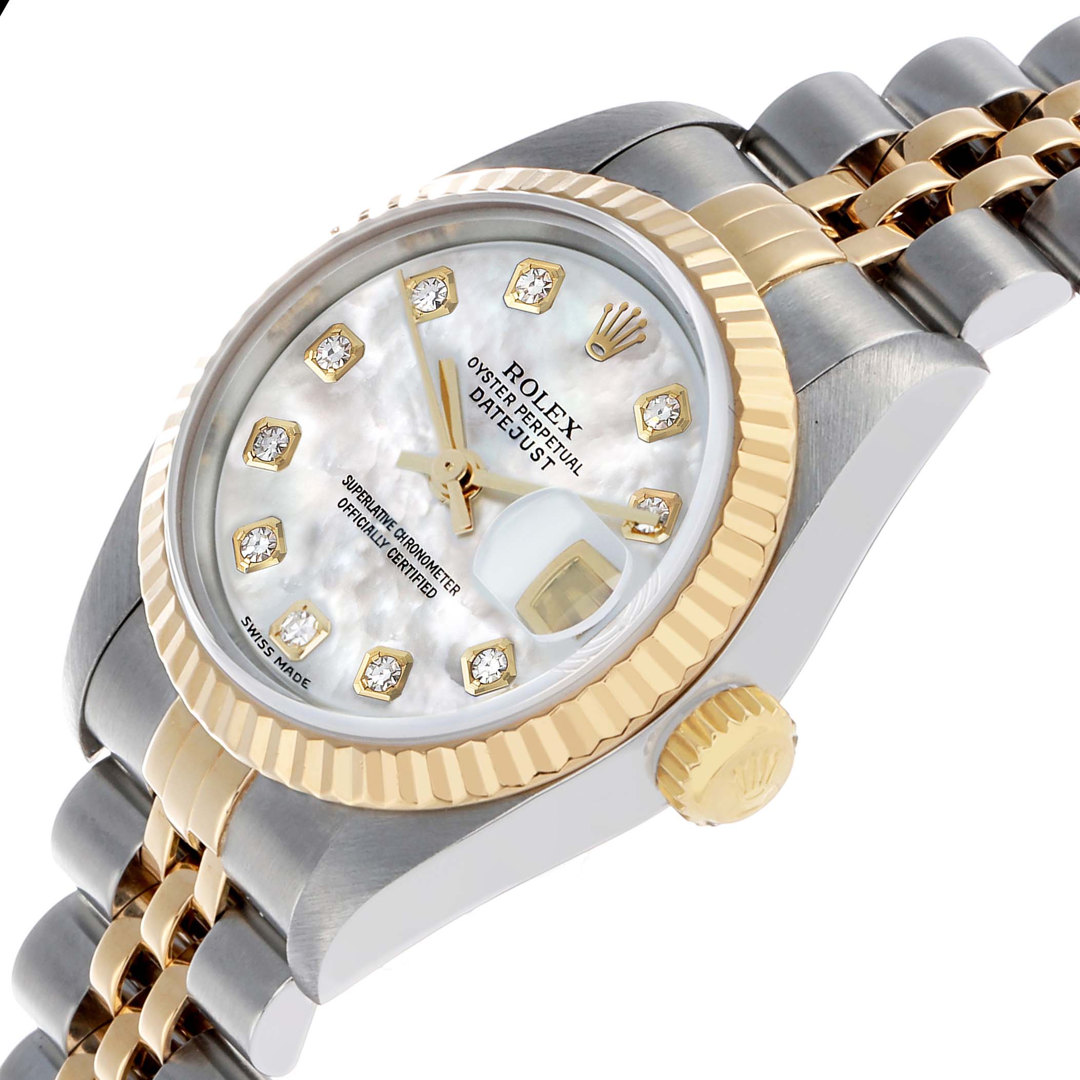 The Rolex Datejust 79173 Women's Steel and Gold (two tone) Mother of Pearl Dial watch is shown at an angled side view, displaying the dial, fluted bezel, crown, and part of the bracelet.