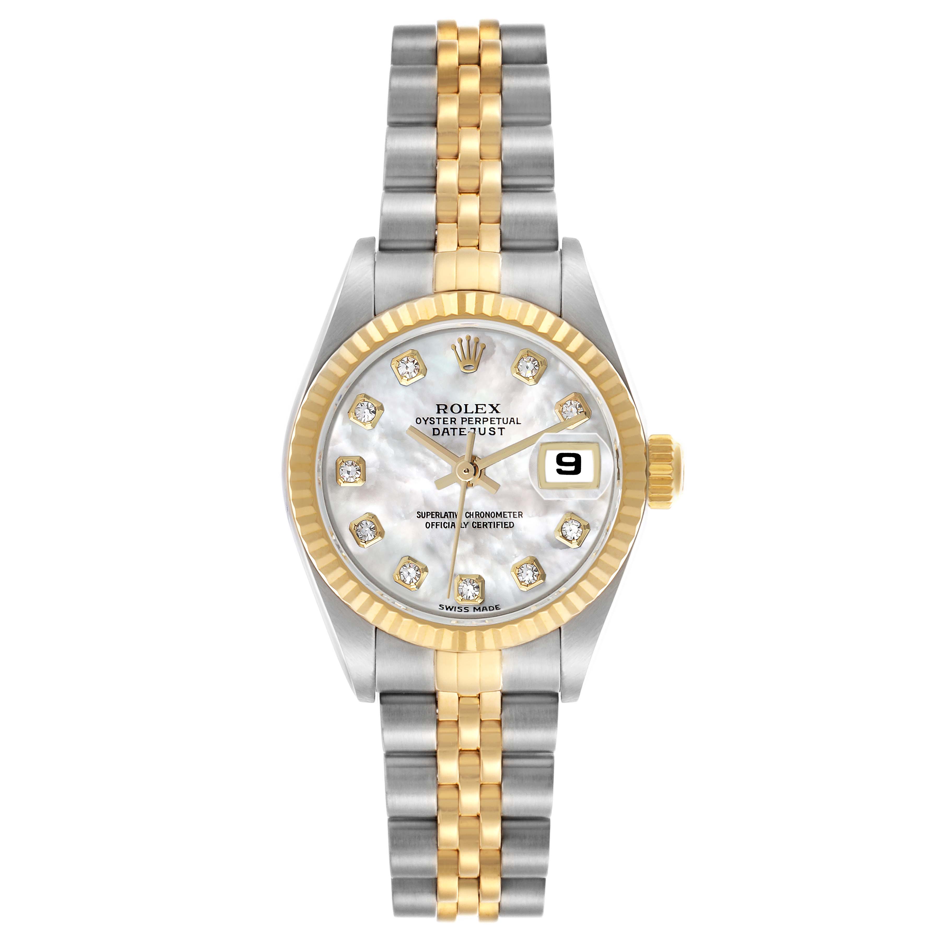 The Rolex Datejust 79173 Women's Steel and Gold (two tone) Mother of Pearl Dial watch is shown from the front, highlighting its face, two-tone bracelet, and fluted bezel.
