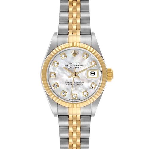 The Rolex Datejust 79173 Women's Steel and Gold (two tone) Mother of Pearl Dial watch is shown from a top-down angle featuring the dial, bezel, case, and two-tone bracelet.