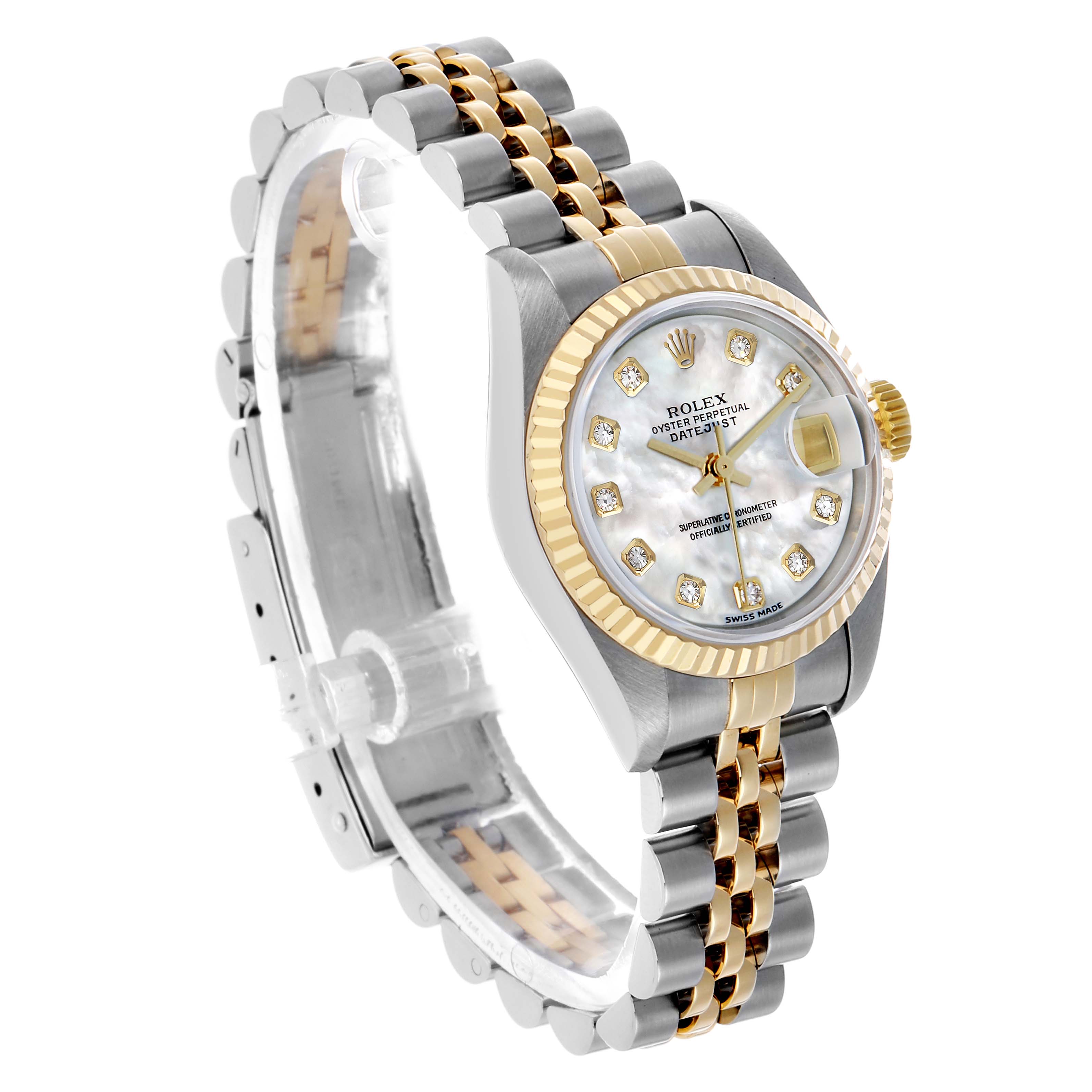 The Rolex Datejust 79173 Women's Steel and Gold (two tone) Mother of Pearl Dial watch is shown at an angled view highlighting the case, dial, fluted bezel, and two-tone bracelet.