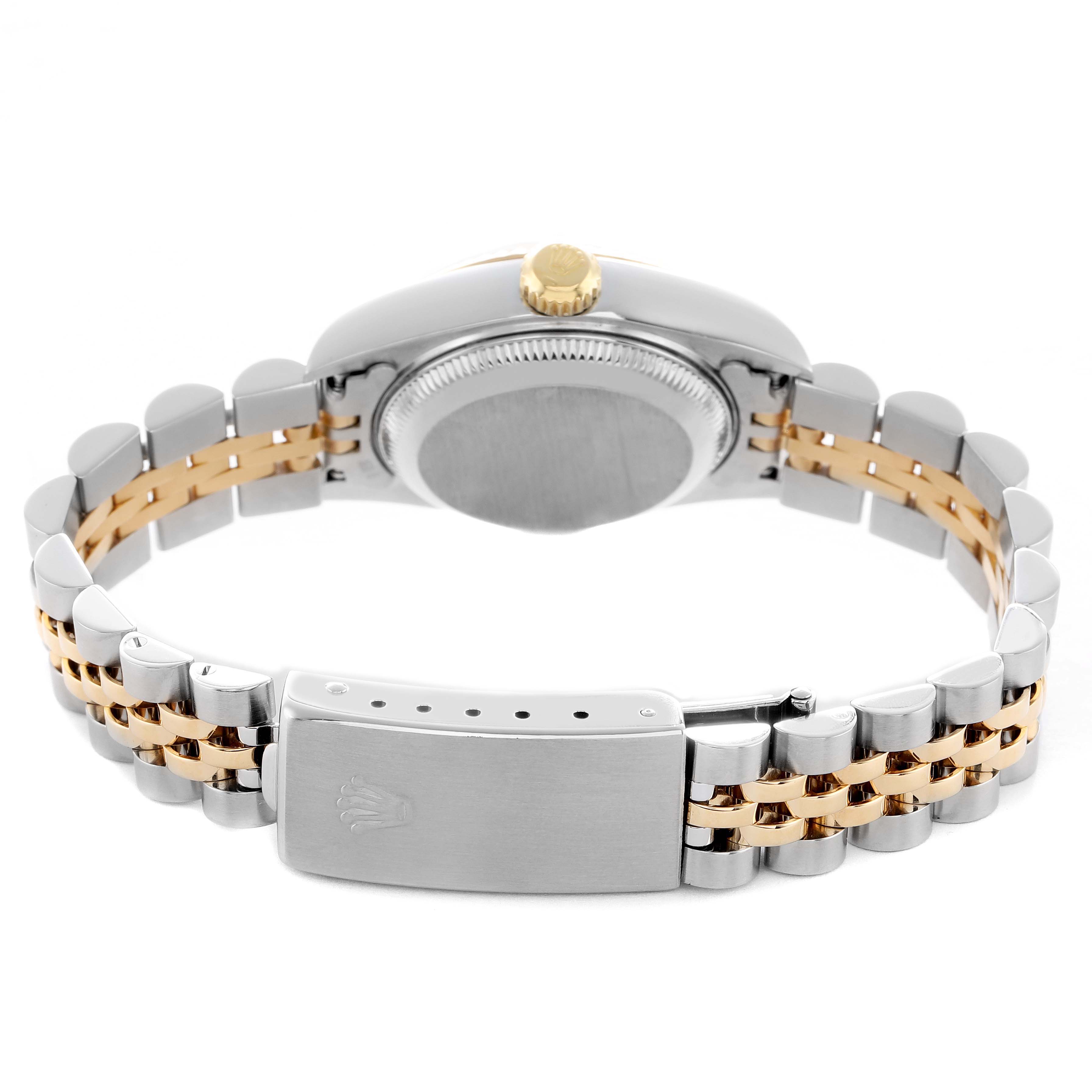 The image shows the back view of a Rolex Datejust 79173 Women's Steel and Gold (two tone) Mother of Pearl Dial watch, highlighting the case back, crown, and Jubilee bracelet with a clasp.