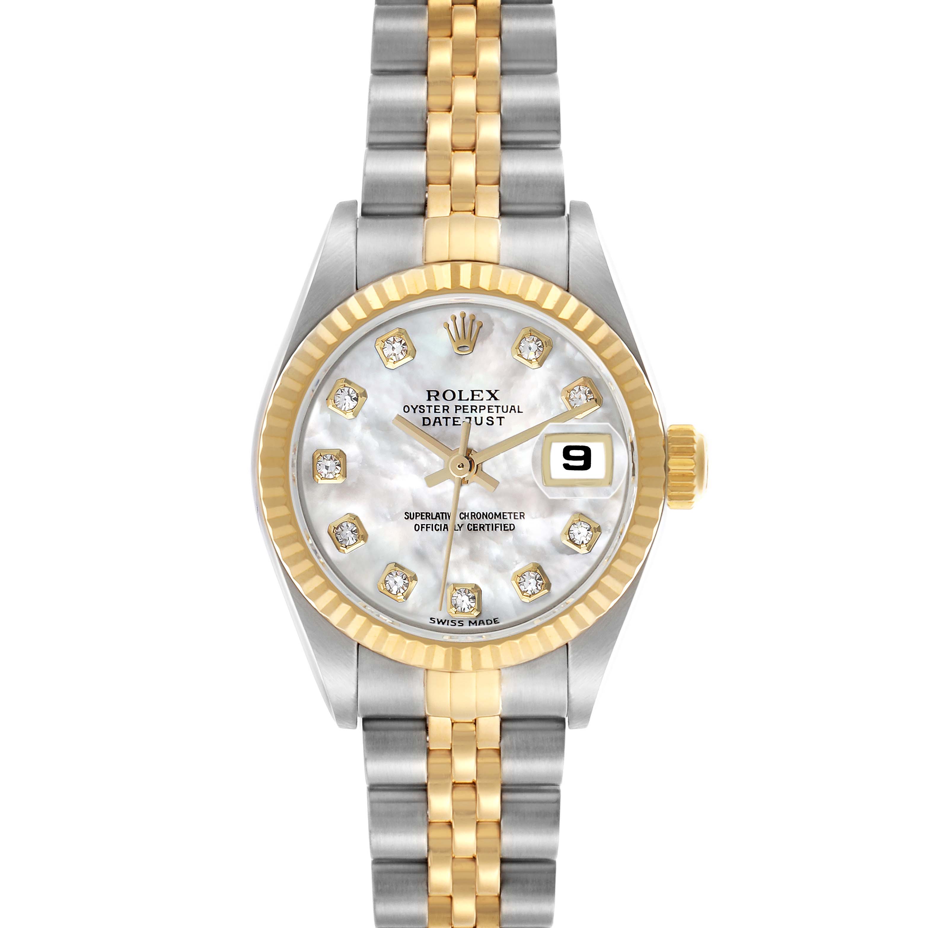 The Rolex Datejust 79173 Women's Steel and Gold (two tone) Mother of Pearl Dial watch is shown from a top-down angle, highlighting the dial, bezel, and two-tone bracelet.