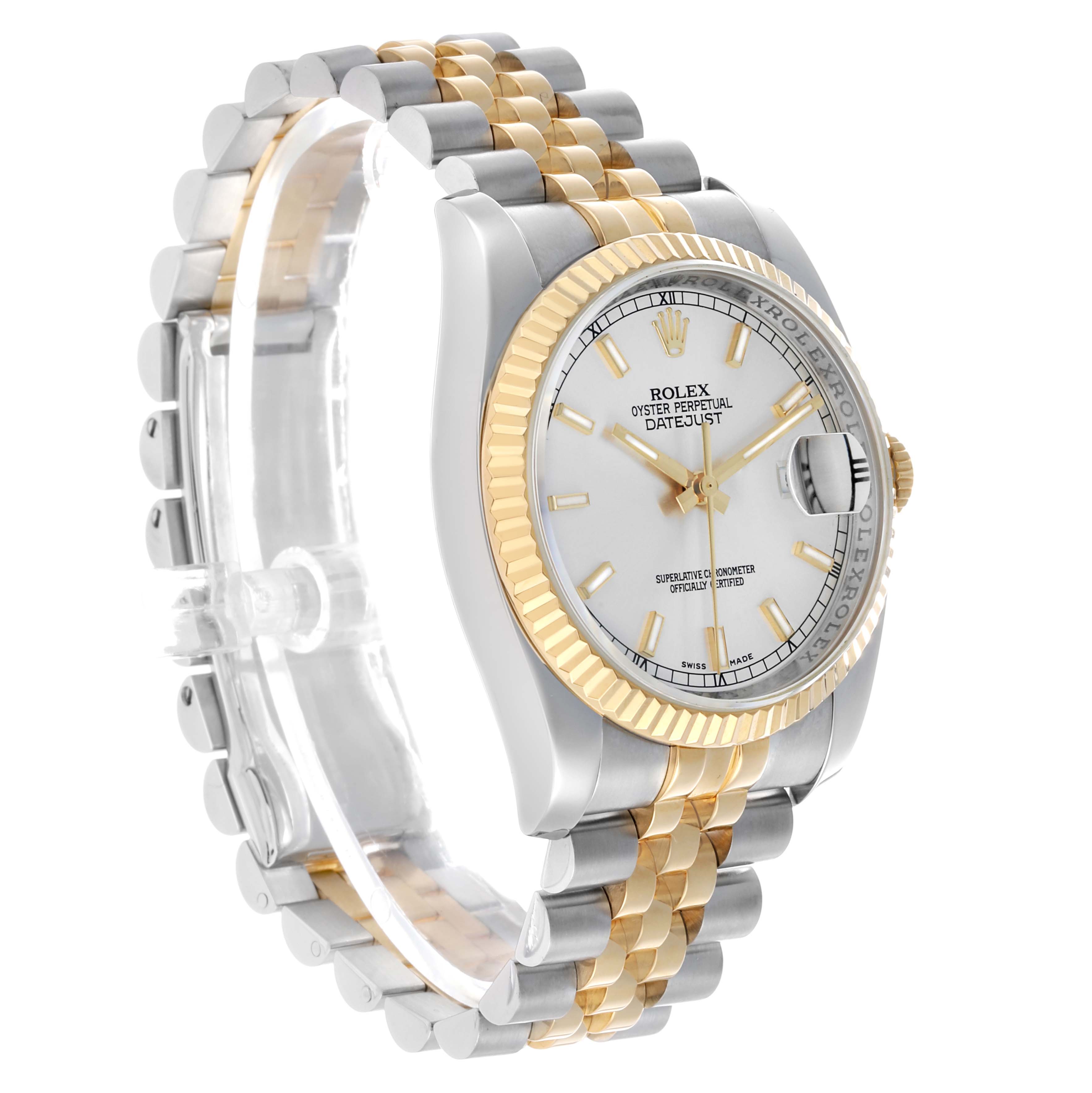 The Rolex Datejust 116233 Men's Stainless Steel Silver Dial is shown at a slight angle, highlighting its face, bezel, and two-tone bracelet.