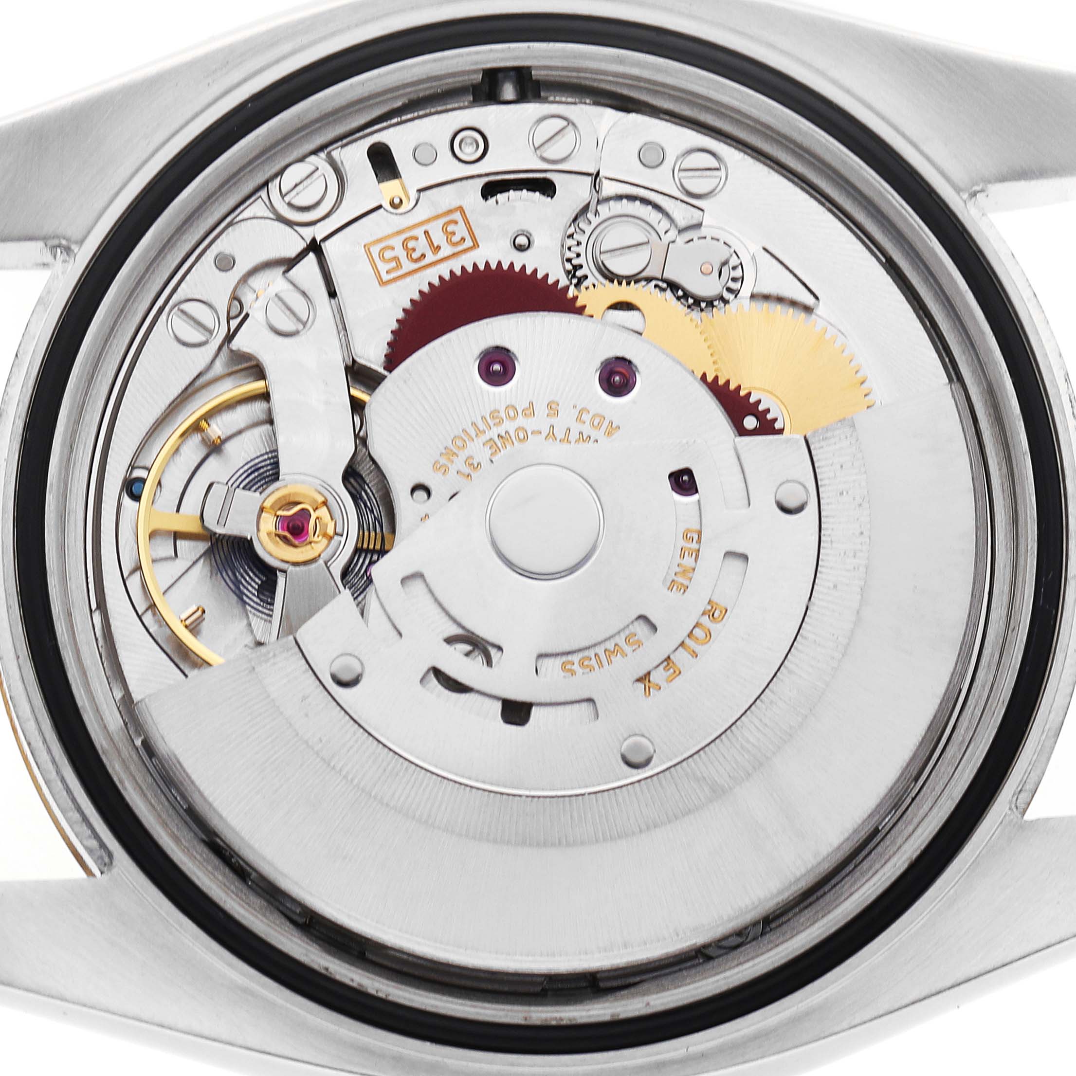 The image shows the movement mechanism of a Rolex Datejust 116233 Men's Stainless Steel Silver Dial watch, viewed from the back case angle.
