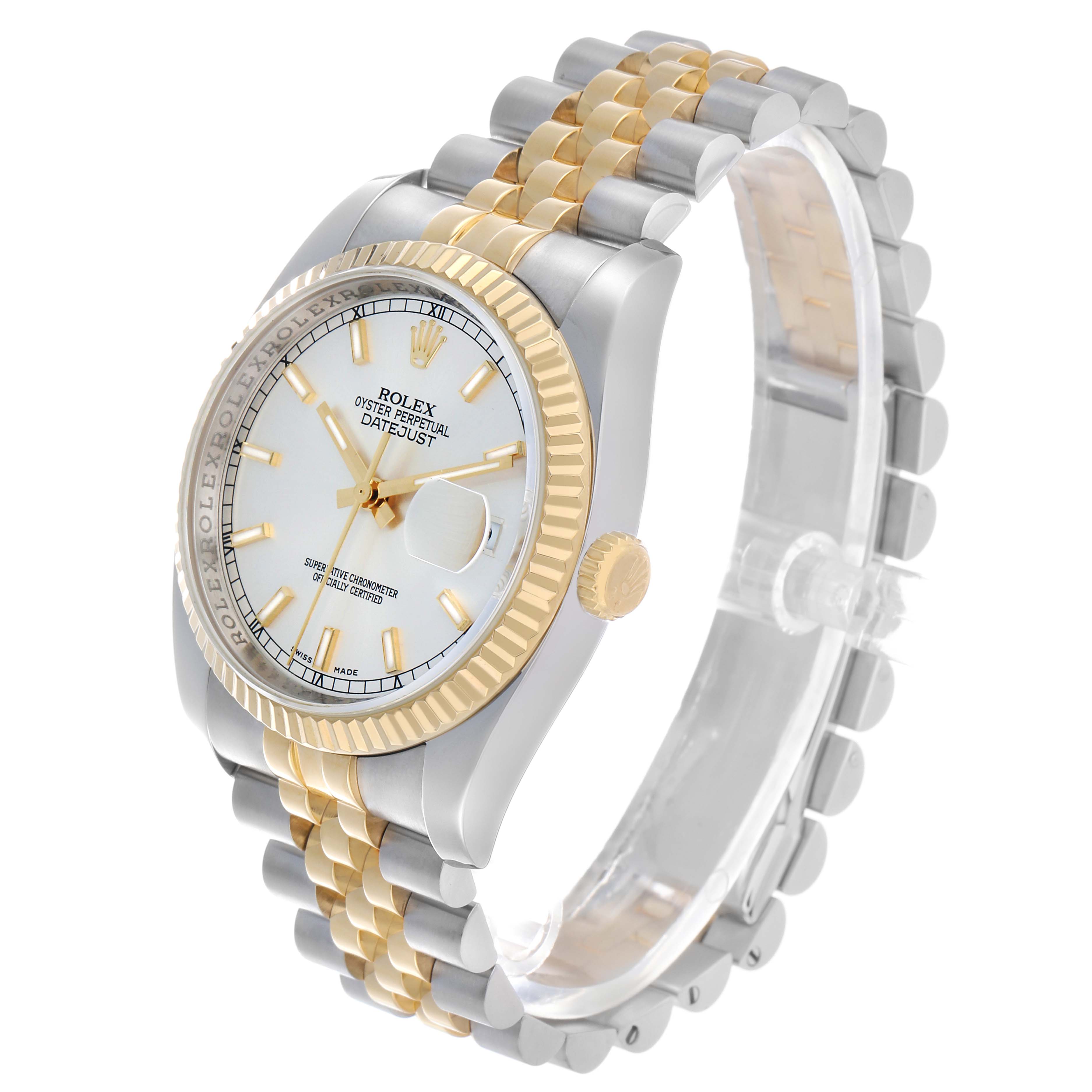 The Rolex Datejust 116233 Men's Stainless Steel Silver Dial watch is shown at an oblique angle highlighting the two-tone bracelet, fluted bezel, and dial.
