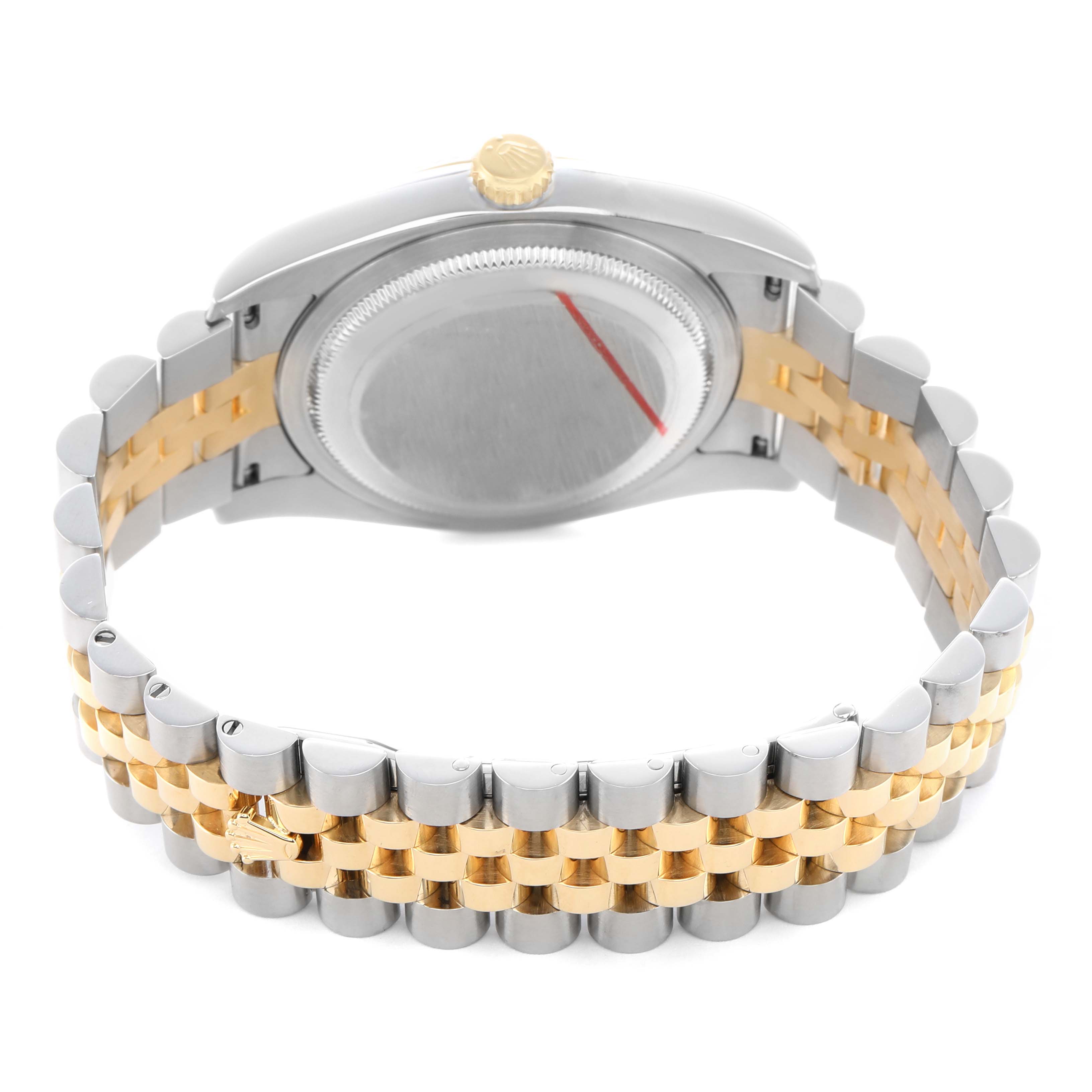 The image shows a Rolex Datejust 116233 Men's Stainless Steel Silver Dial, viewed from behind, highlighting the back case, crown, and two-tone metallic bracelet.