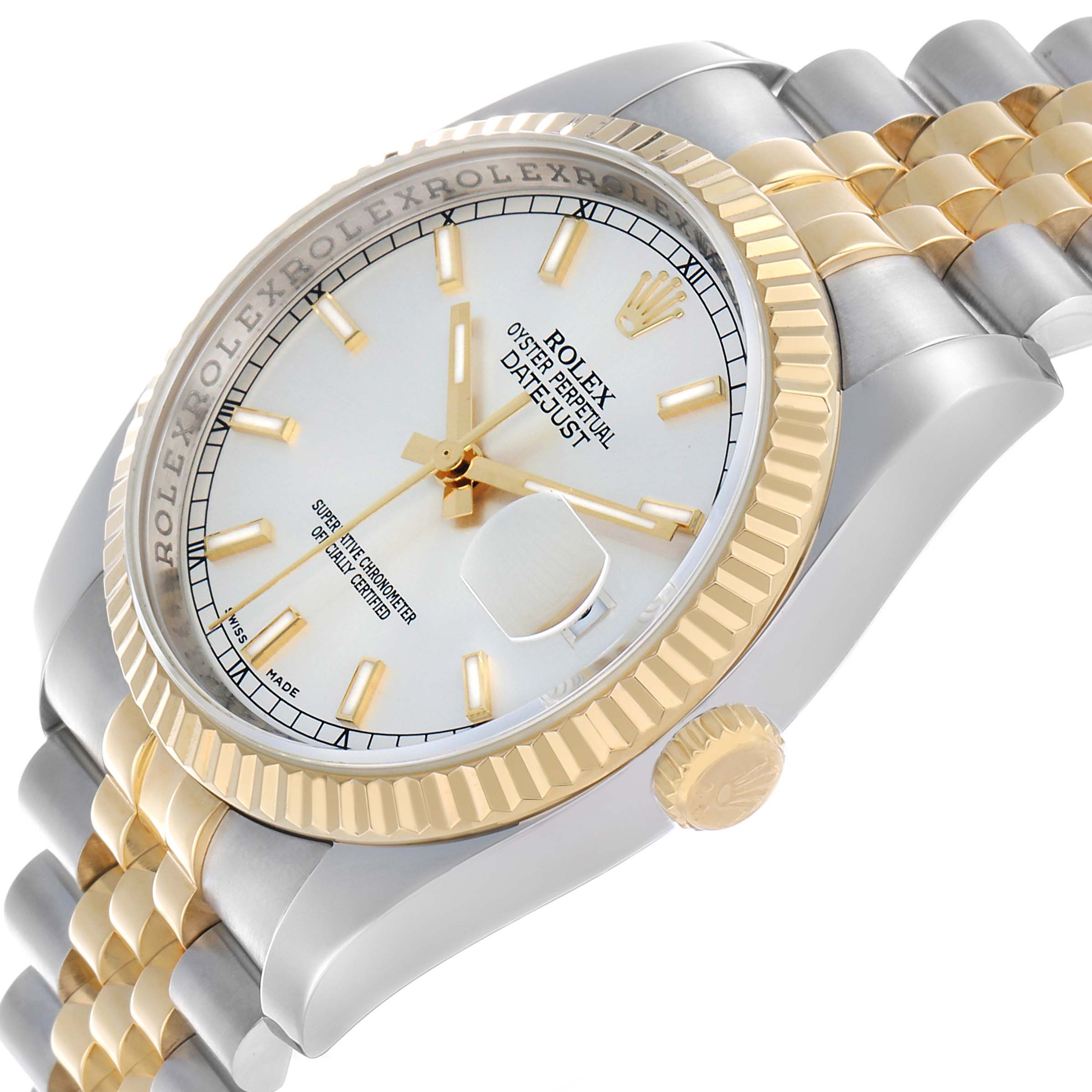 The Rolex Datejust 116233 Men's Stainless Steel Silver Dial watch is shown from an angled side view, highlighting its dial, fluted bezel, crown, and two-tone bracelet.