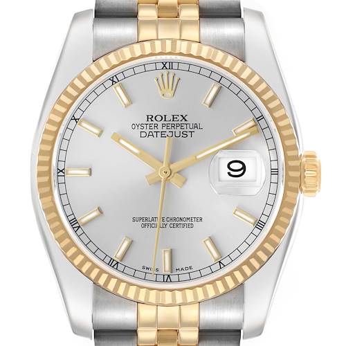The image shows a front-facing view of a Rolex Datejust 116233 Men's Stainless Steel Silver Dial watch, highlighting its dial, fluted bezel, and part of the bracelet.