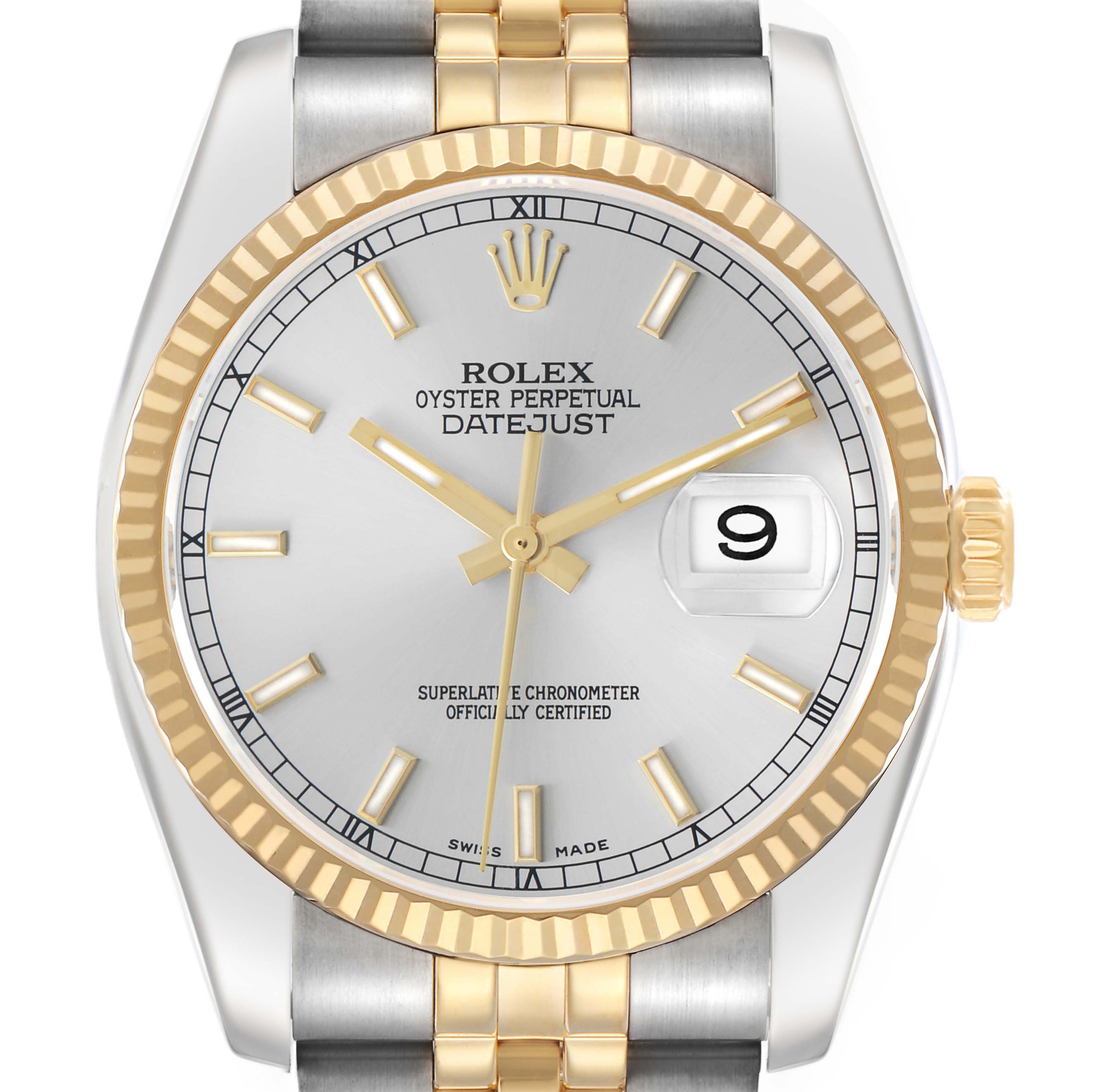 The image shows a Rolex Datejust 116233 Men's Stainless Steel Silver Dial watch from a front angle, highlighting the dial, two-tone bezel, and part of the bracelet.