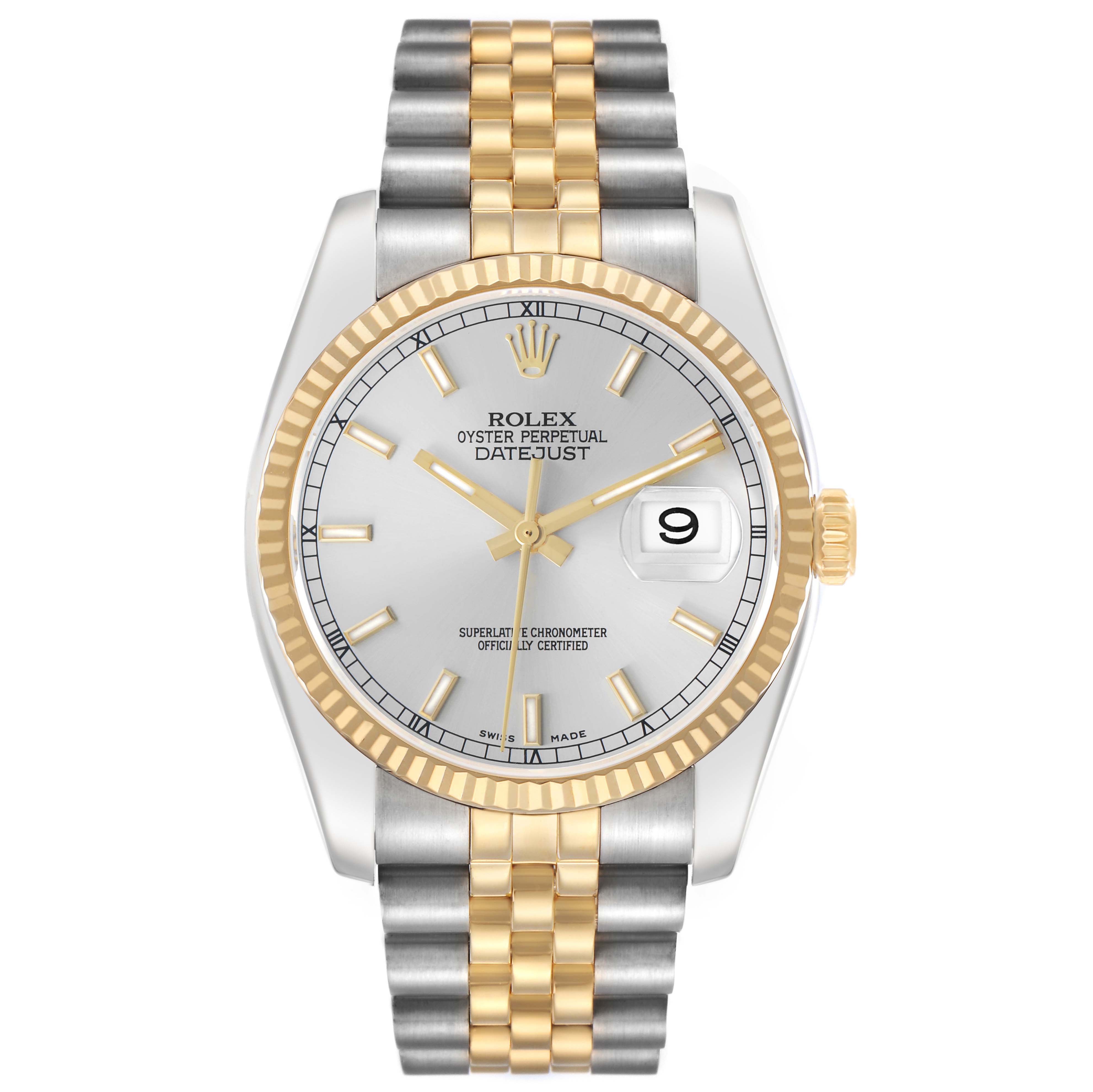 The image shows a frontal view of a Rolex Datejust 116233 Men's Stainless Steel Silver Dial watch, highlighting its silver dial, gold fluted bezel, and two-tone bracelet.