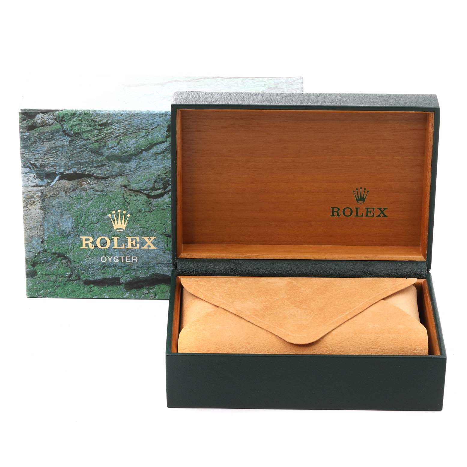 This image shows the open box for a Rolex Datejust 16233 Men's Steel and Gold (two tone) Silver Dial 16233 Men's Steel and Gold (two tone) Silver Dial watch, displaying its interior along with an exterior case.