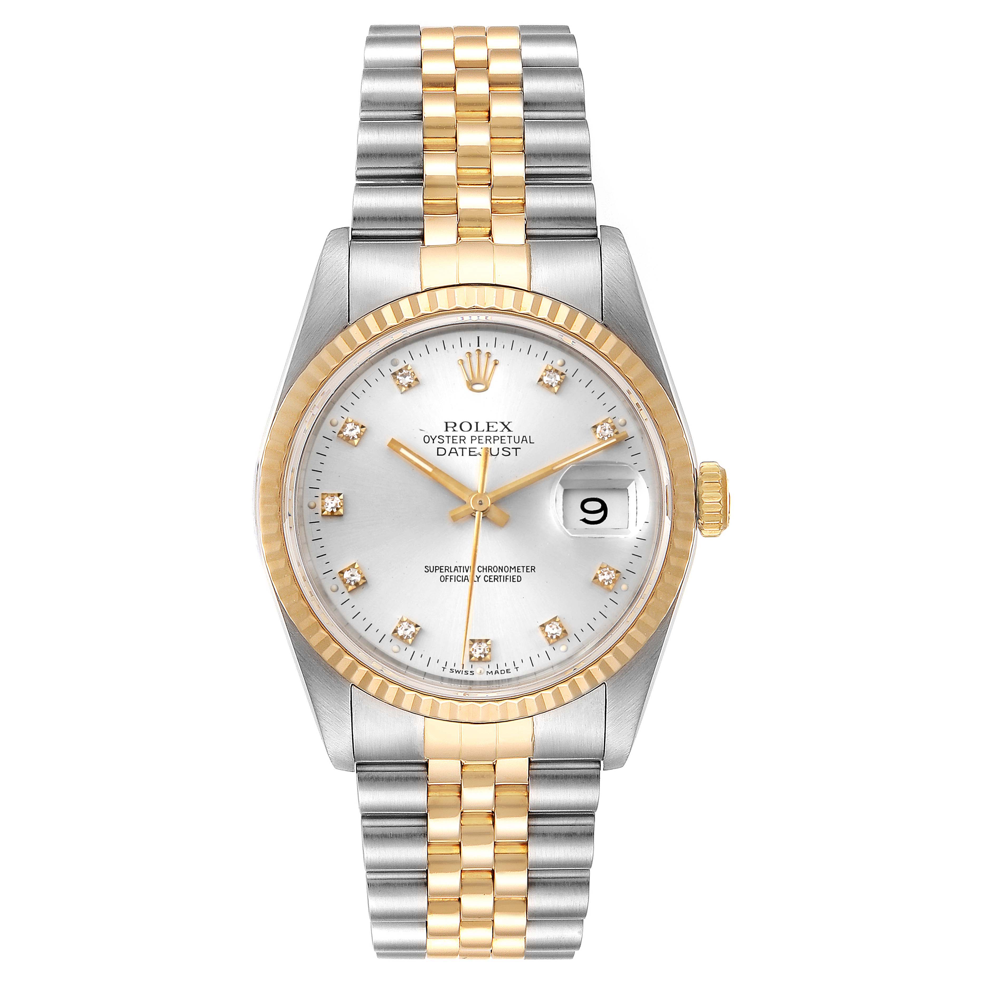 This image shows the front view of a Rolex Datejust 16233 Men's Steel and Gold (two tone) Silver Dial 16233 Men's Steel and Gold (two tone) Silver Dial watch displaying its face, bezel, and bracelet.