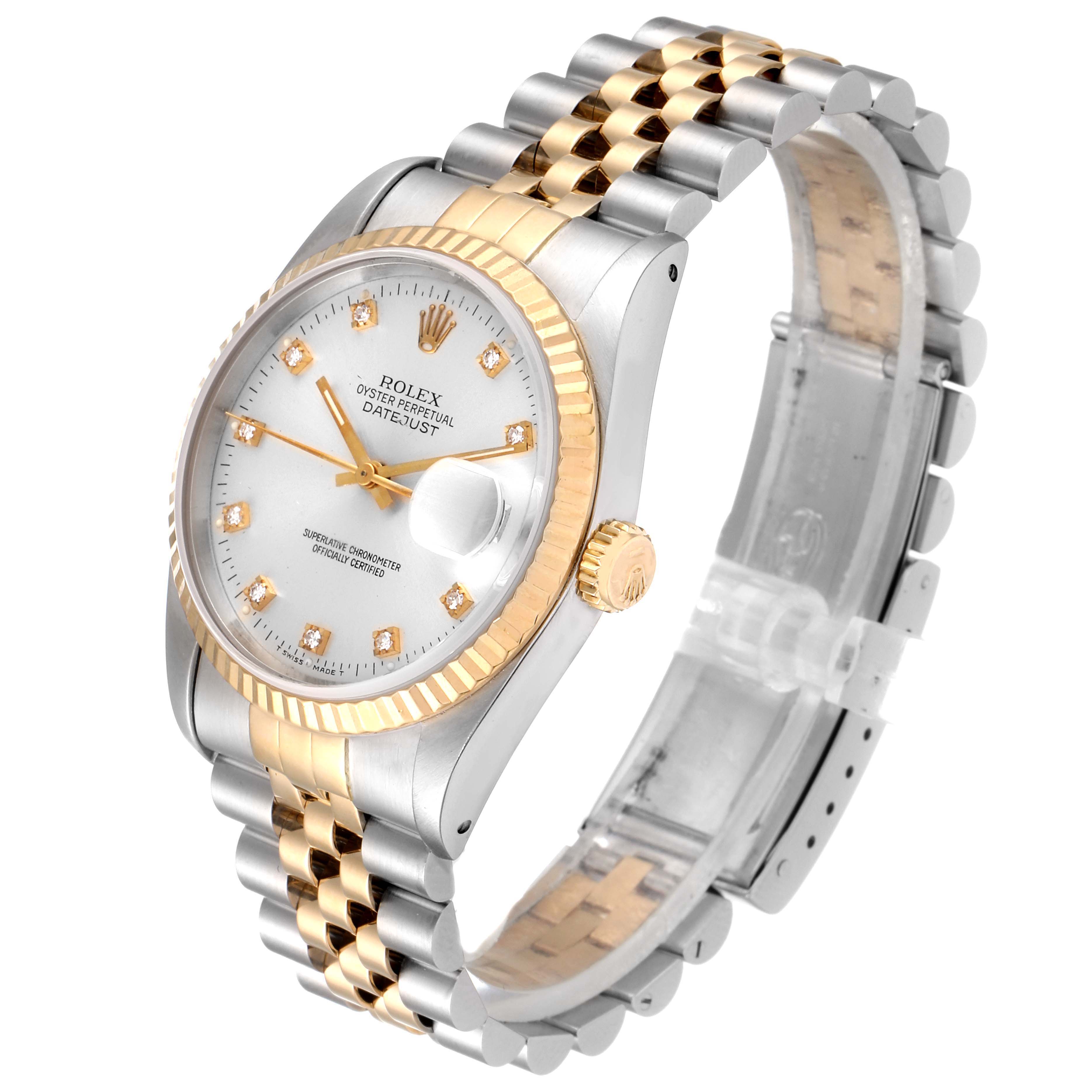 The image shows a Rolex Datejust 16233 Men's Steel and Gold (two tone) Silver Dial 16233 Men's Steel and Gold (two tone) Silver Dial watch at a three-quarter angle, highlighting the bezel, dial, crown, and two-tone bracelet.