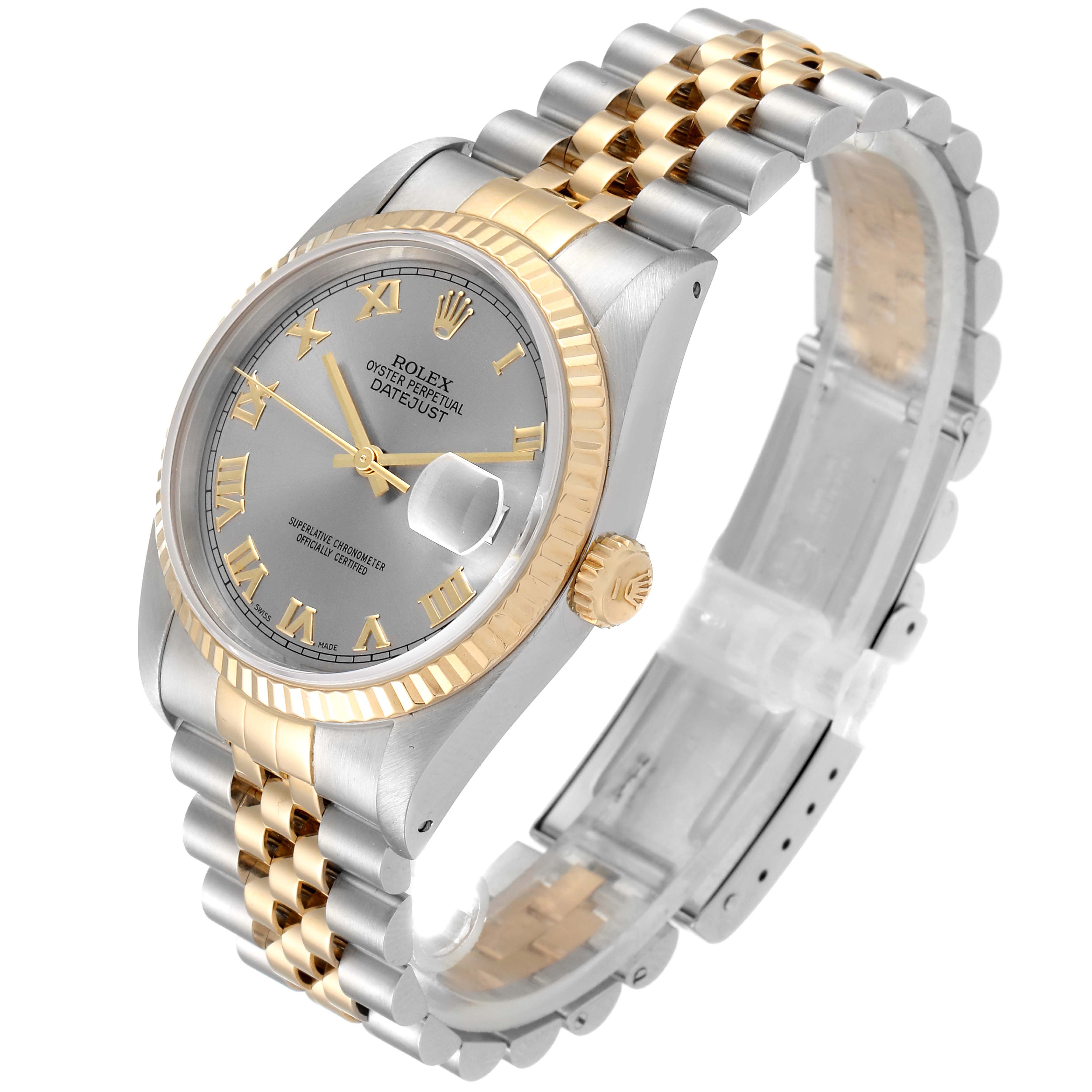 The image shows a side angle of a Rolex Datejust 16233 Men
s Steel and Gold (two tone) Grey Dial 16233 Men
s Steel and Gold (two tone) Grey Dial watch, highlighting its two-tone bracelet, case, bezel, and dial.