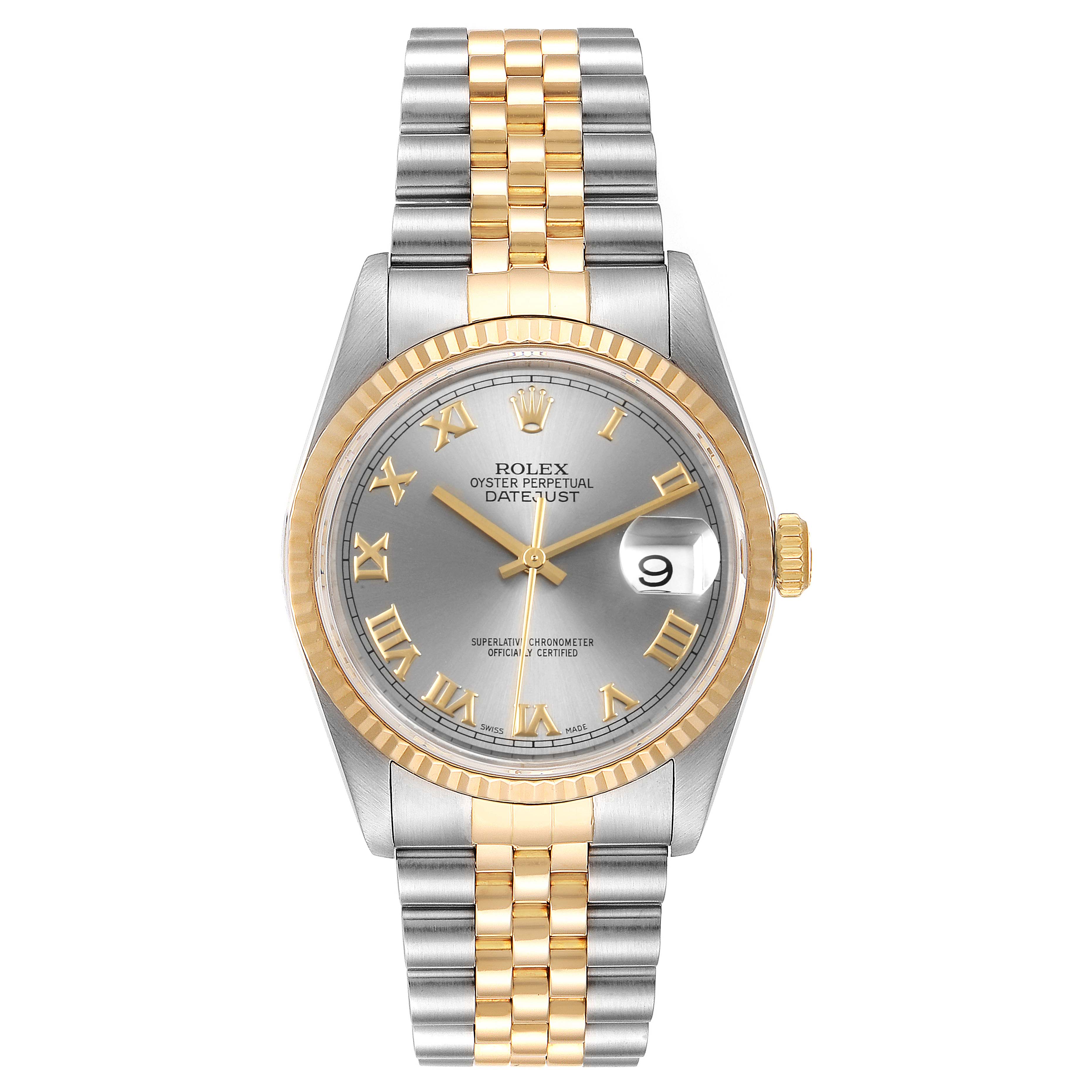 The image shows a Rolex Datejust 16233 Men
s Steel and Gold (two tone) Grey Dial 16233 Men
s Steel and Gold (two tone) Grey Dial watch from a front angle, highlighting its silver dial, gold bezel, and two-tone bracelet.