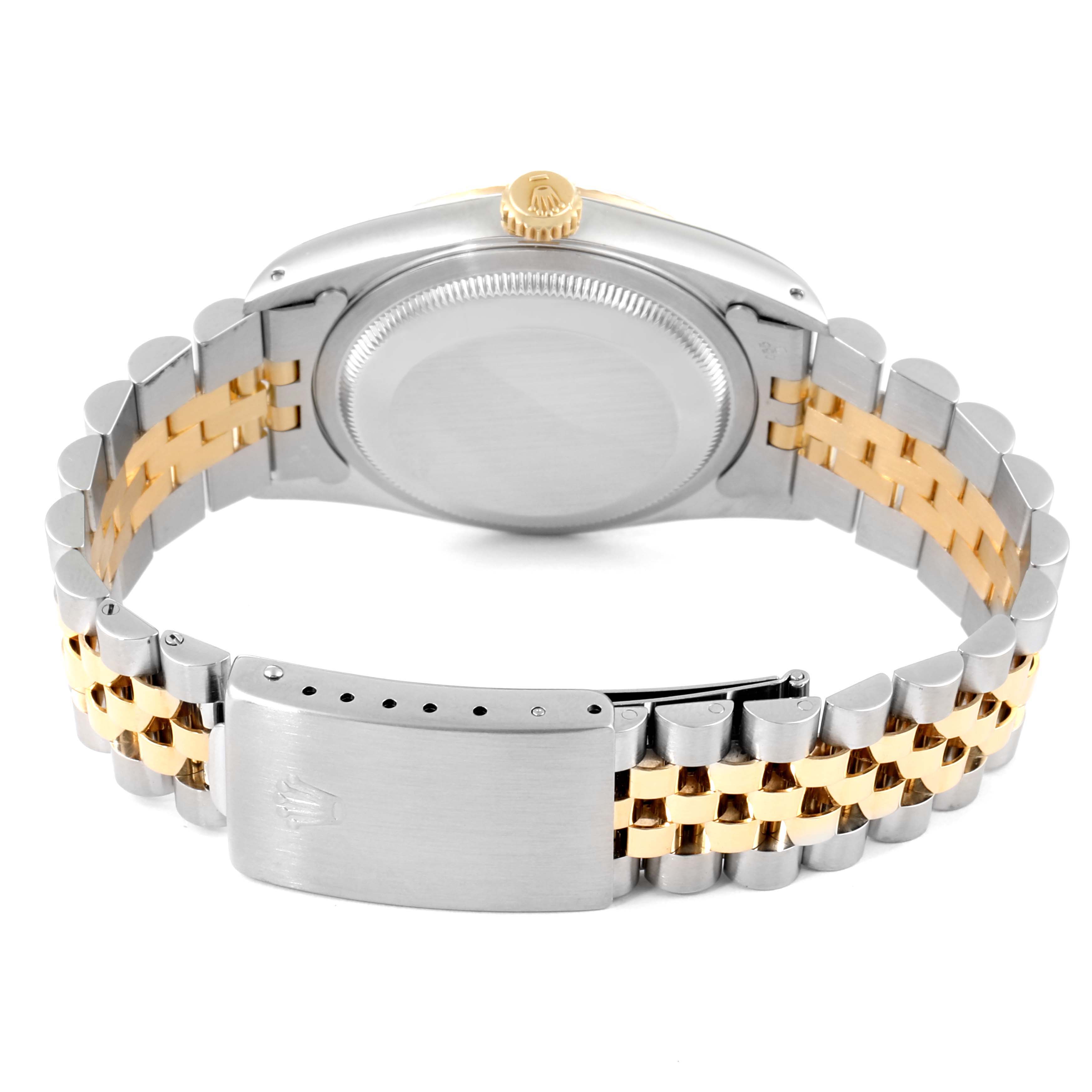 The image shows the back and wristband of the Rolex Datejust 16233 Men
s Steel and Gold (two tone) Grey Dial 16233 Men
s Steel and Gold (two tone) Grey Dial watch, highlighting its two-tone metal design.