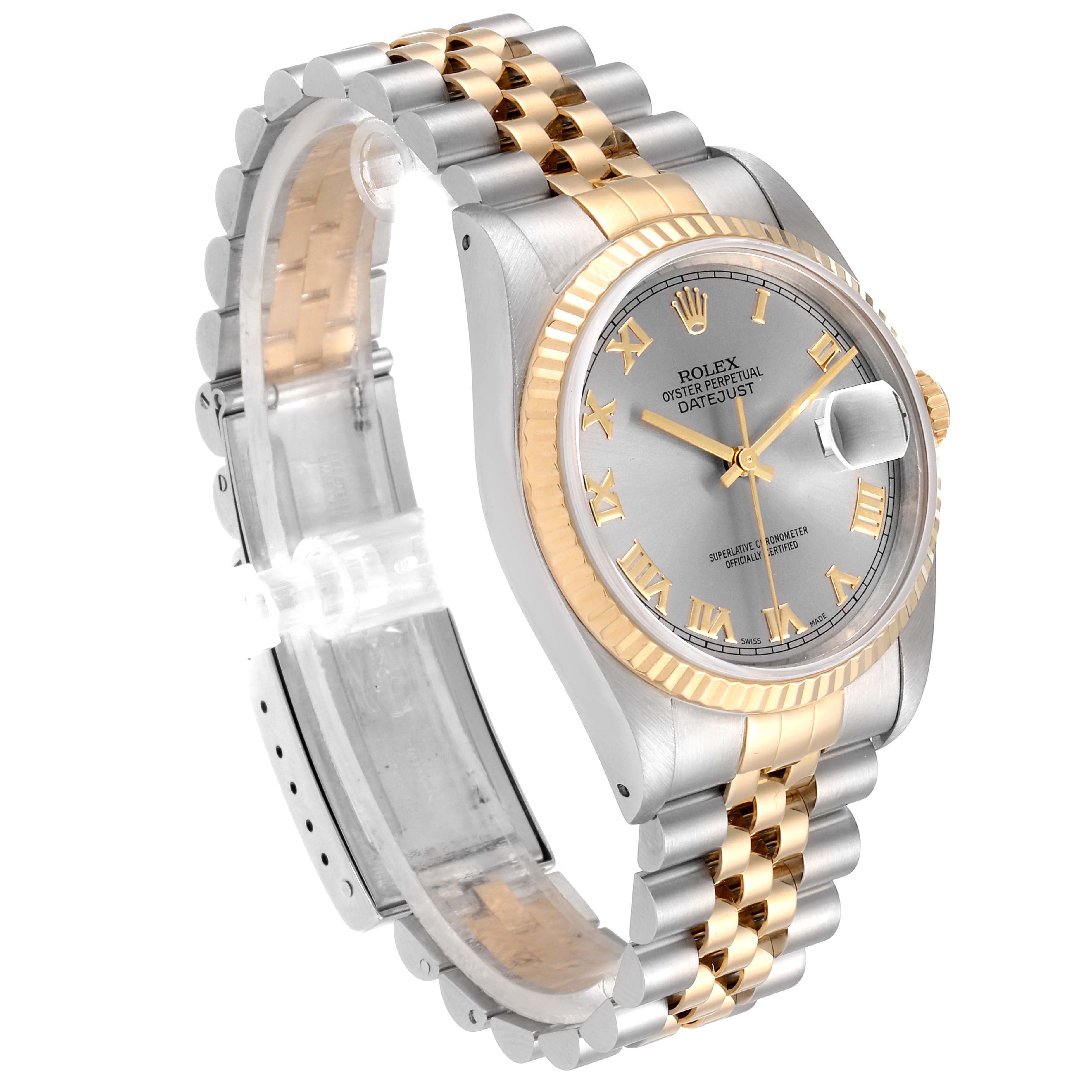 This image shows a Rolex Datejust 16233 Men
s Steel and Gold (two tone) Grey Dial 16233 Men
s Steel and Gold (two tone) Grey Dial watch at a three-quarter angle, highlighting the face, bezel, bracelet, and clasp.