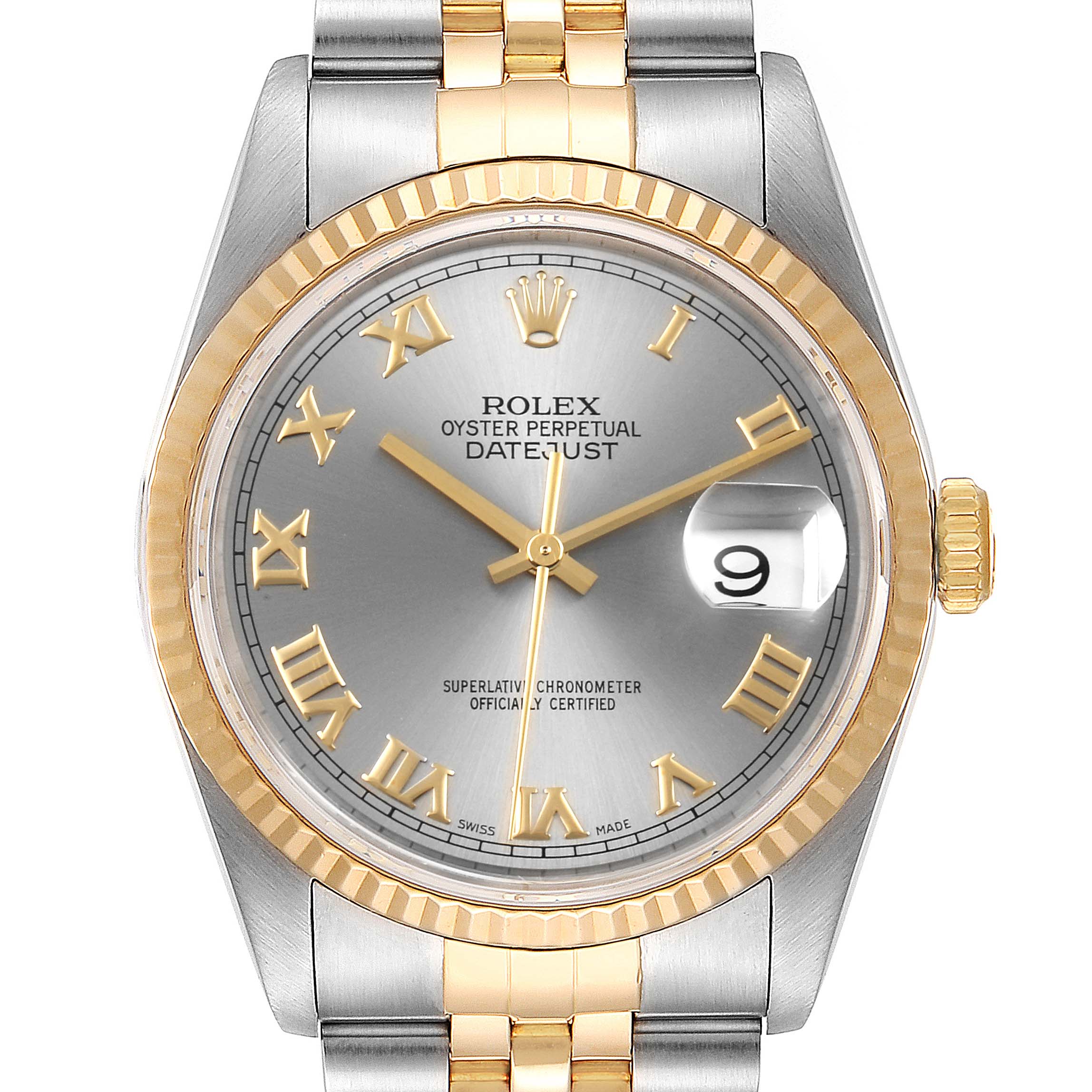 The Rolex Datejust 16233 Men
s Steel and Gold (two tone) Grey Dial 16233 Men
s Steel and Gold (two tone) Grey Dial watch is shown from the front, highlighting its face, hands, date, and part of the bracelet.