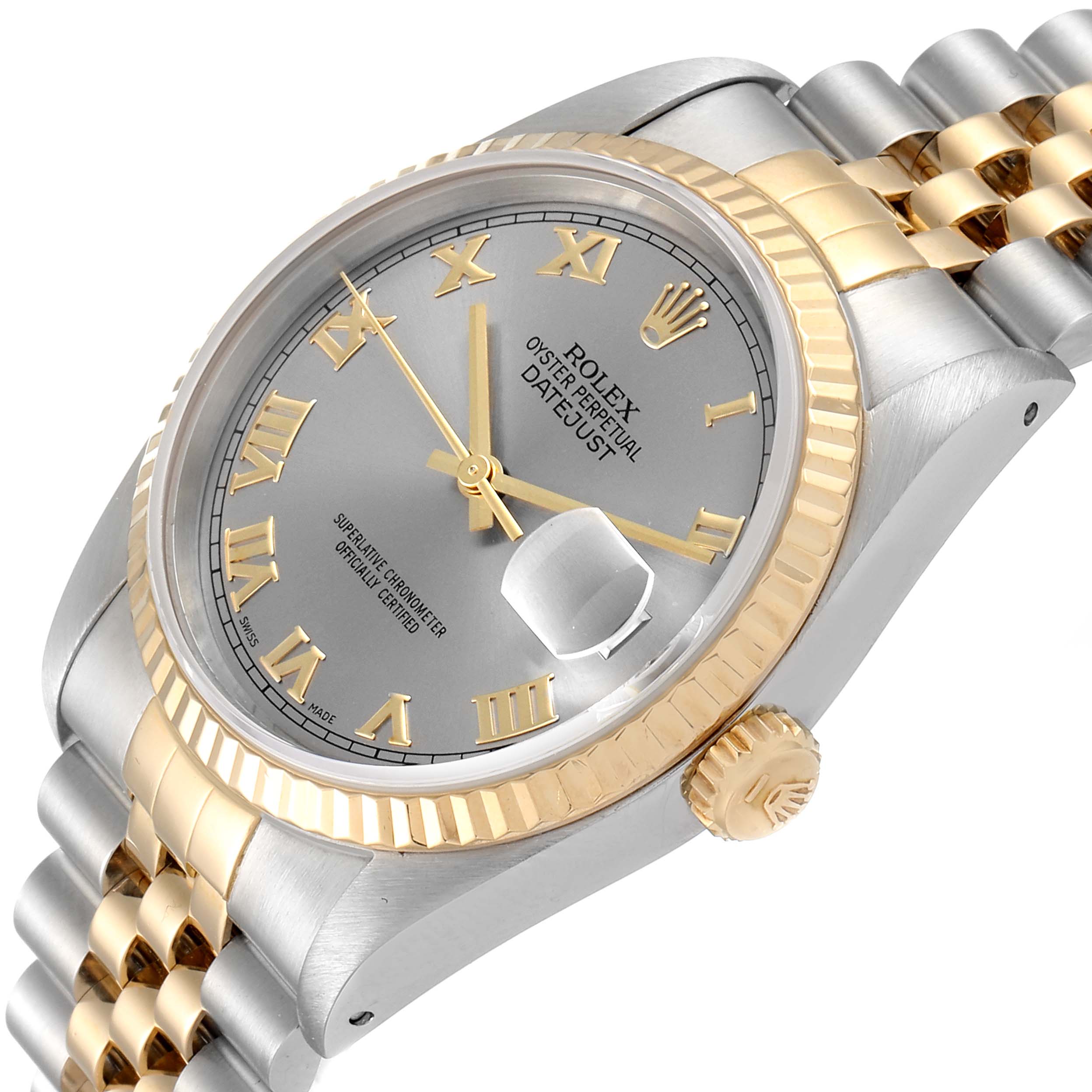 This image shows a close-up, angled view of the Rolex Datejust 16233 Men
s Steel and Gold (two tone) Grey Dial 16233 Men
s Steel and Gold (two tone) Grey Dial model, highlighting its dial, bezel, crown, and part of the bracelet.