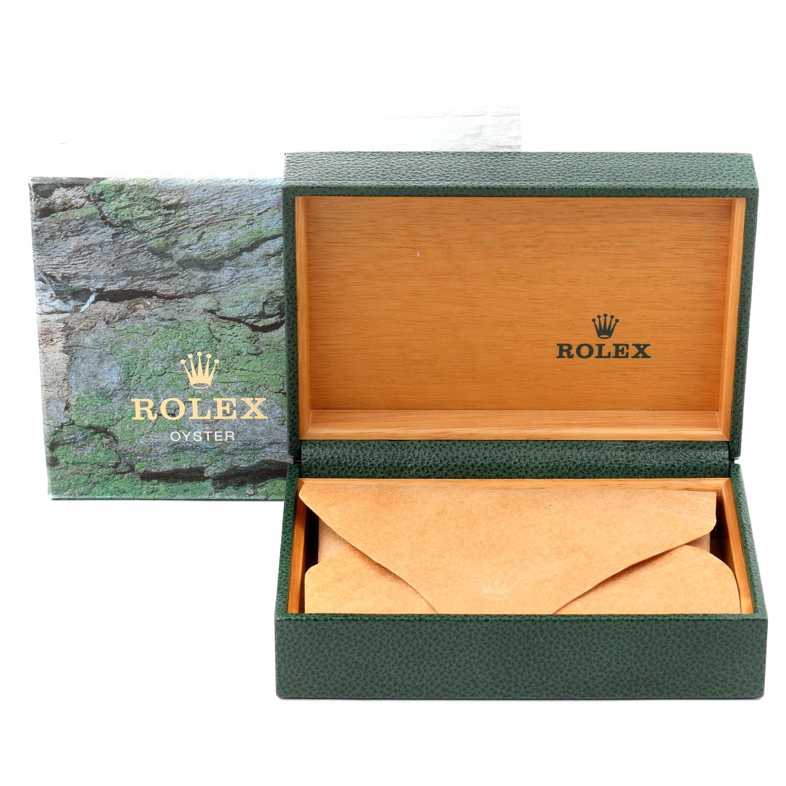 This image shows the open box and packaging for a Rolex Datejust 16233 Men
s Steel and Gold (two tone) Grey Dial 16233 Men
s Steel and Gold (two tone) Grey Dial watch, with the outer box in the background.