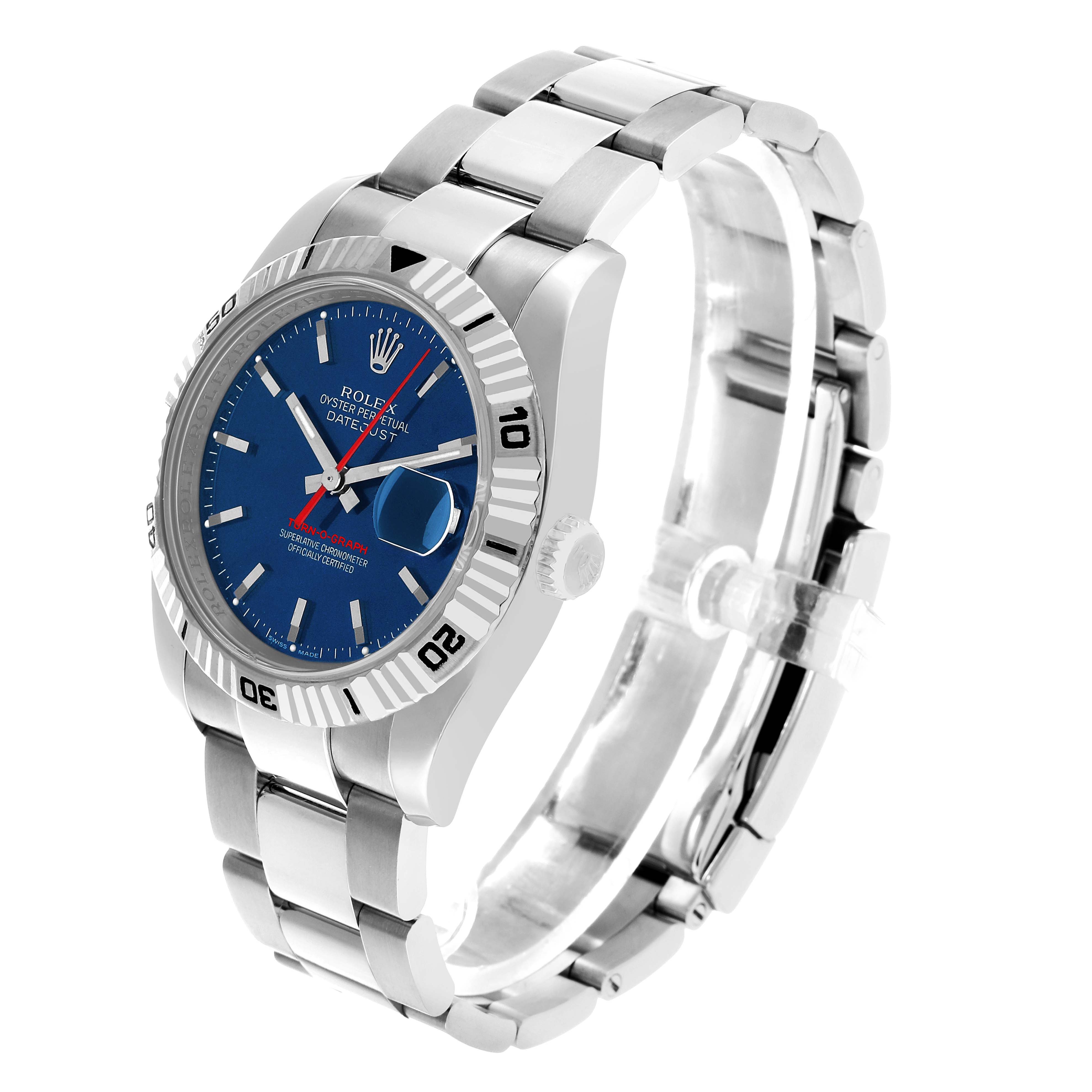 The Rolex Turn-o-Graph 116264 Men's Stainless Steel Blue Dial watch is shown at a slight angle, displaying its face, bezel, and bracelet.
