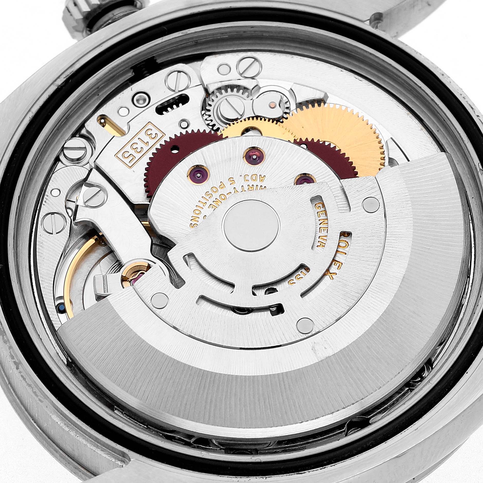 The image shows the movement and internal mechanics of a Rolex Turn-o-Graph 116264 Men's Stainless Steel Blue Dial watch from a rear angle.