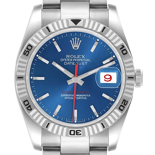 The Rolex Turn-o-Graph 116264 Men's Stainless Steel Blue Dial watch is shown from a front angle, highlighting the dial, bezel, and partial bracelet.
