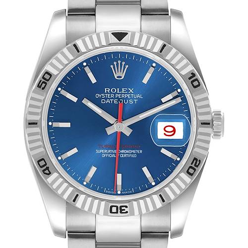 The Rolex Turn-o-Graph 116264 Men's Stainless Steel Blue Dial watch is shown from a top-down angle, displaying the face, bezel, and part of the bracelet.