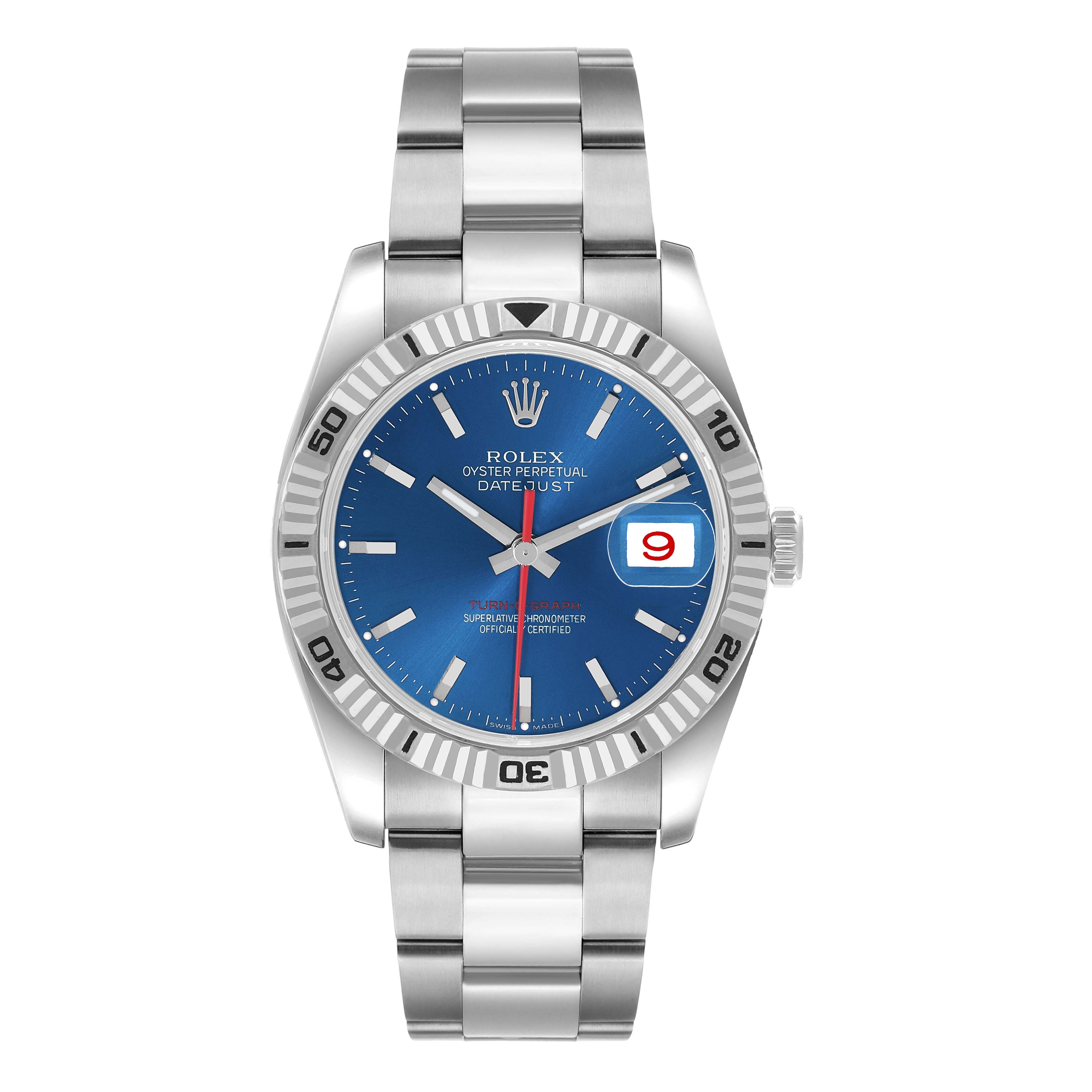 The Rolex Turn-o-Graph 116264 Men's Stainless Steel Blue Dial watch is shown from a front view, displaying the dial, hands, bezel, and bracelet.