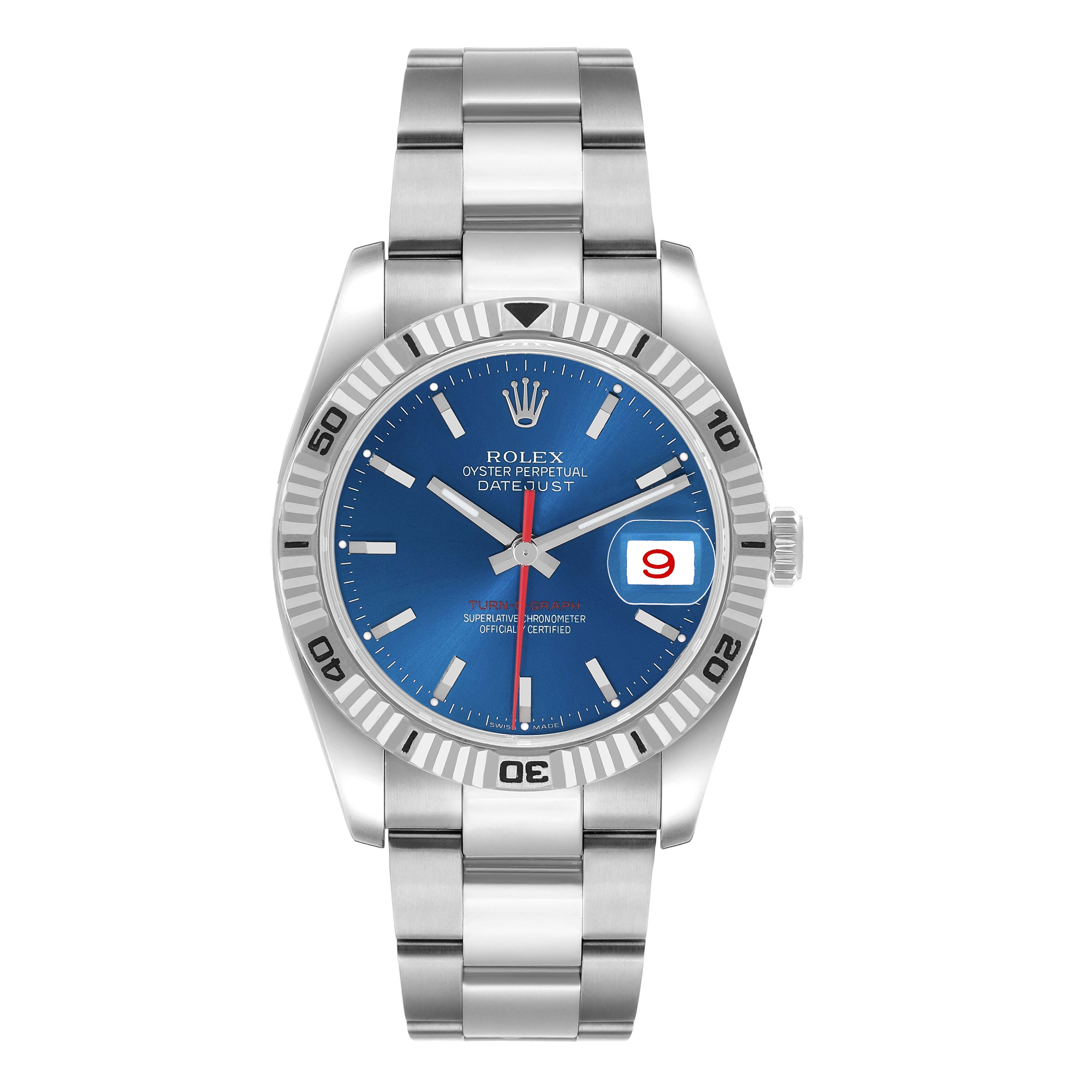 The Rolex Turn-o-Graph 116264 Men's Stainless Steel Blue Dial watch is shown from a top view, highlighting its blue dial, bezel, and stainless steel bracelet.