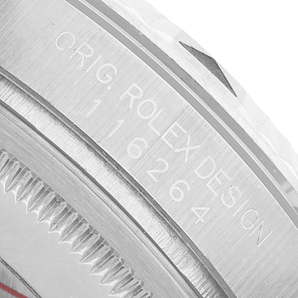 The image shows a side angle of the Rolex Turn-o-Graph 116264 Men's Stainless Steel Blue Dial model, focusing on the engraved bezel and model number.