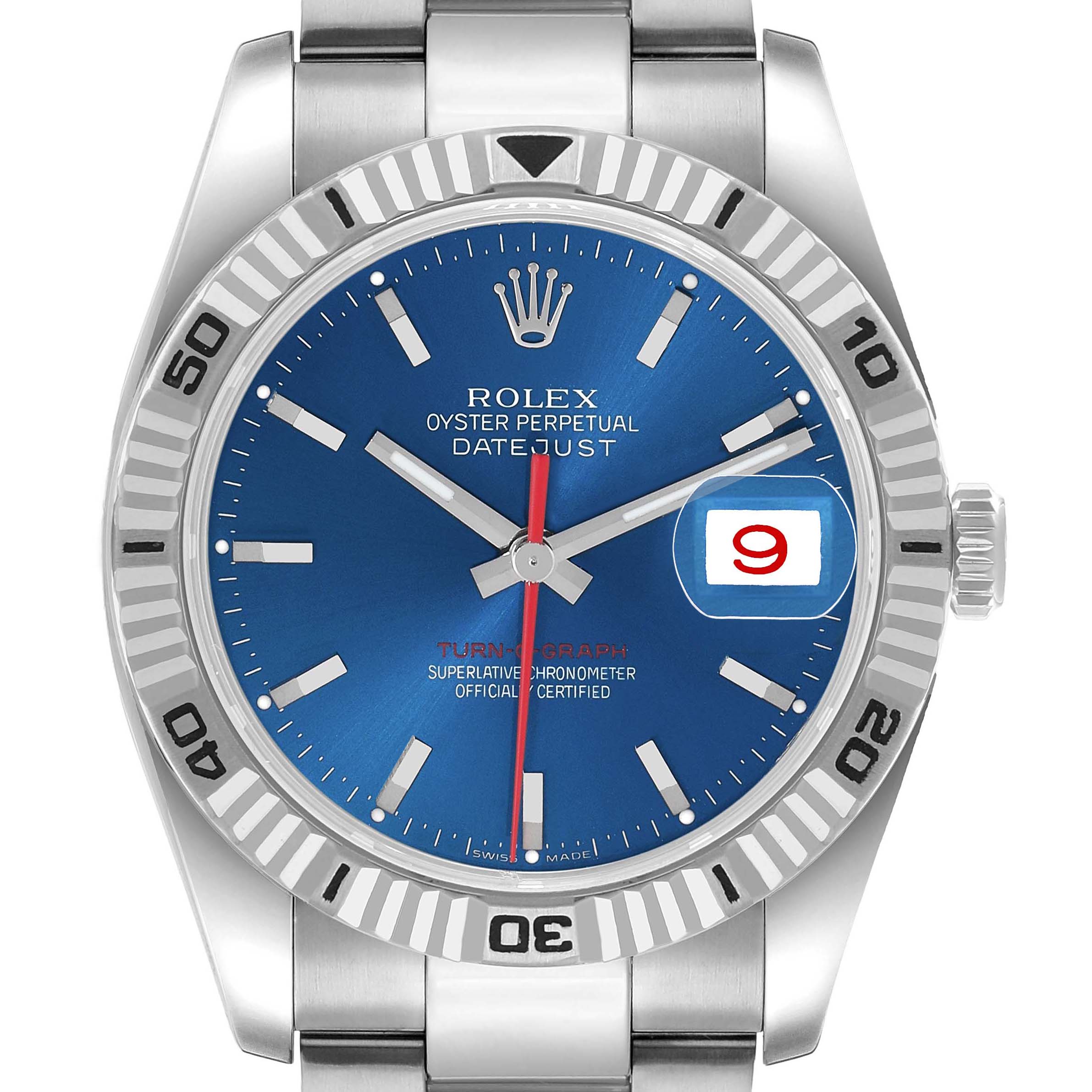 The Rolex Turn-o-Graph 116264 Men's Stainless Steel Blue Dial model is shown from a front angle, detailing the blue dial, red second hand, and bezel with numerals.