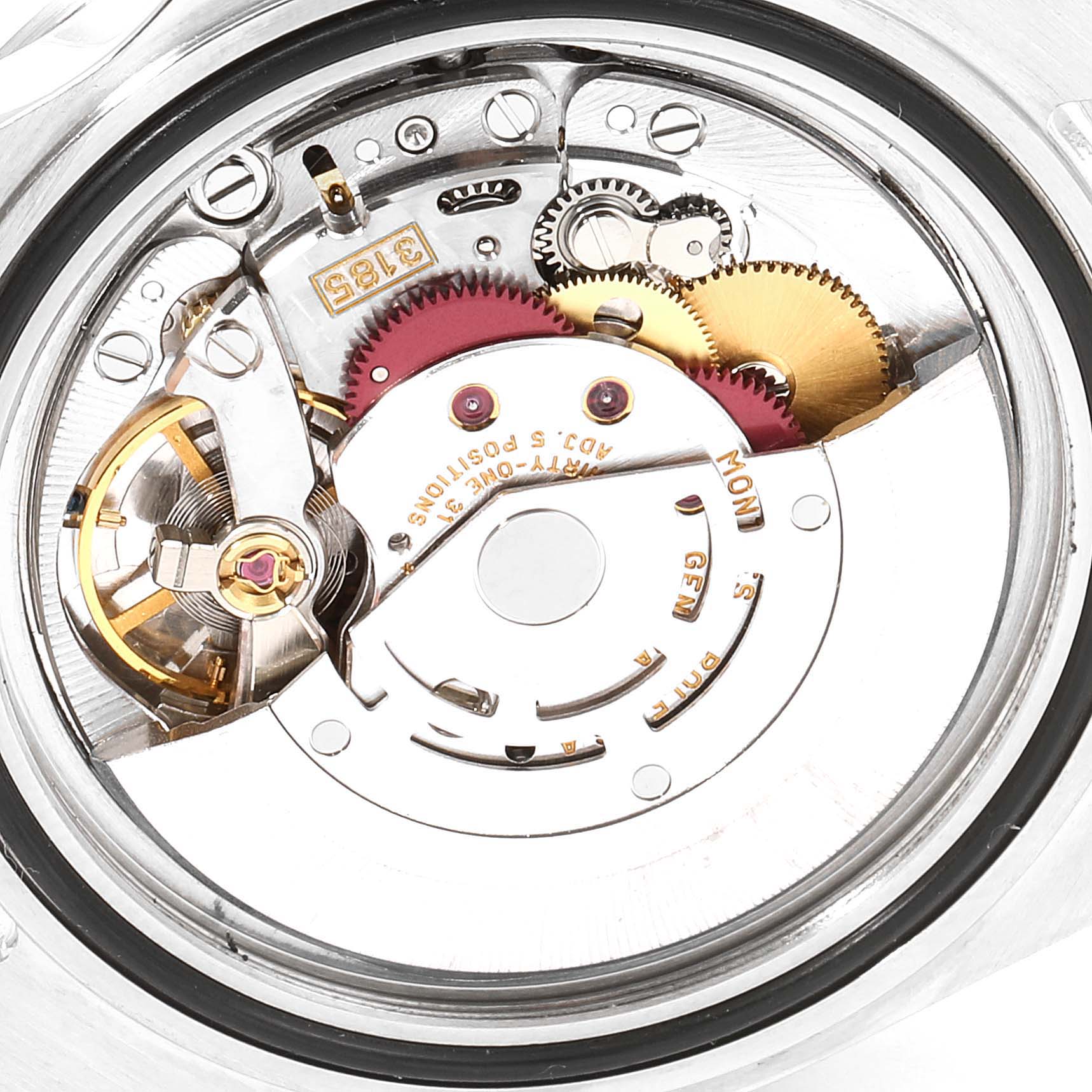 This close-up image shows the internal mechanism of the Rolex Explorer 16570 Men
s Stainless Steel Black Dial 16570 Men
s Stainless Steel Black Dial watch model, highlighting gears and components.