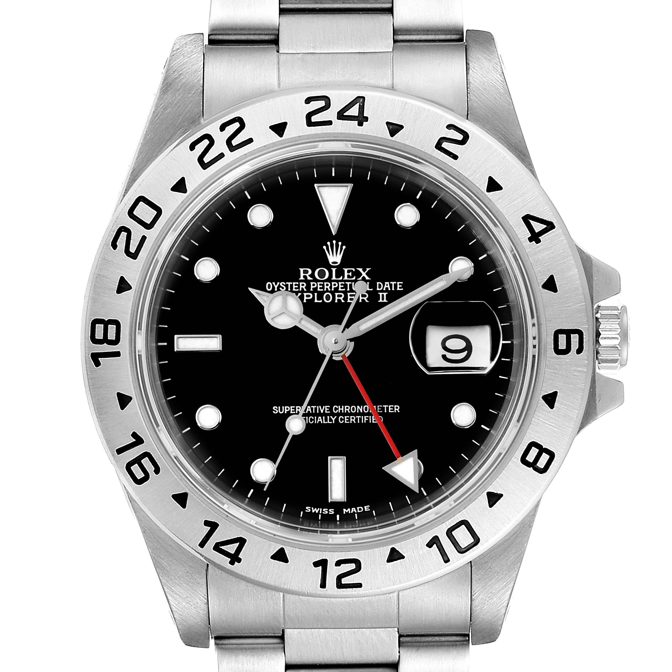 This image shows a head-on view of the Rolex Explorer 16570 Men
s Stainless Steel Black Dial 16570 Men
s Stainless Steel Black Dial watch, displaying the dial, bezel, case, crown, and part of the bracelet.