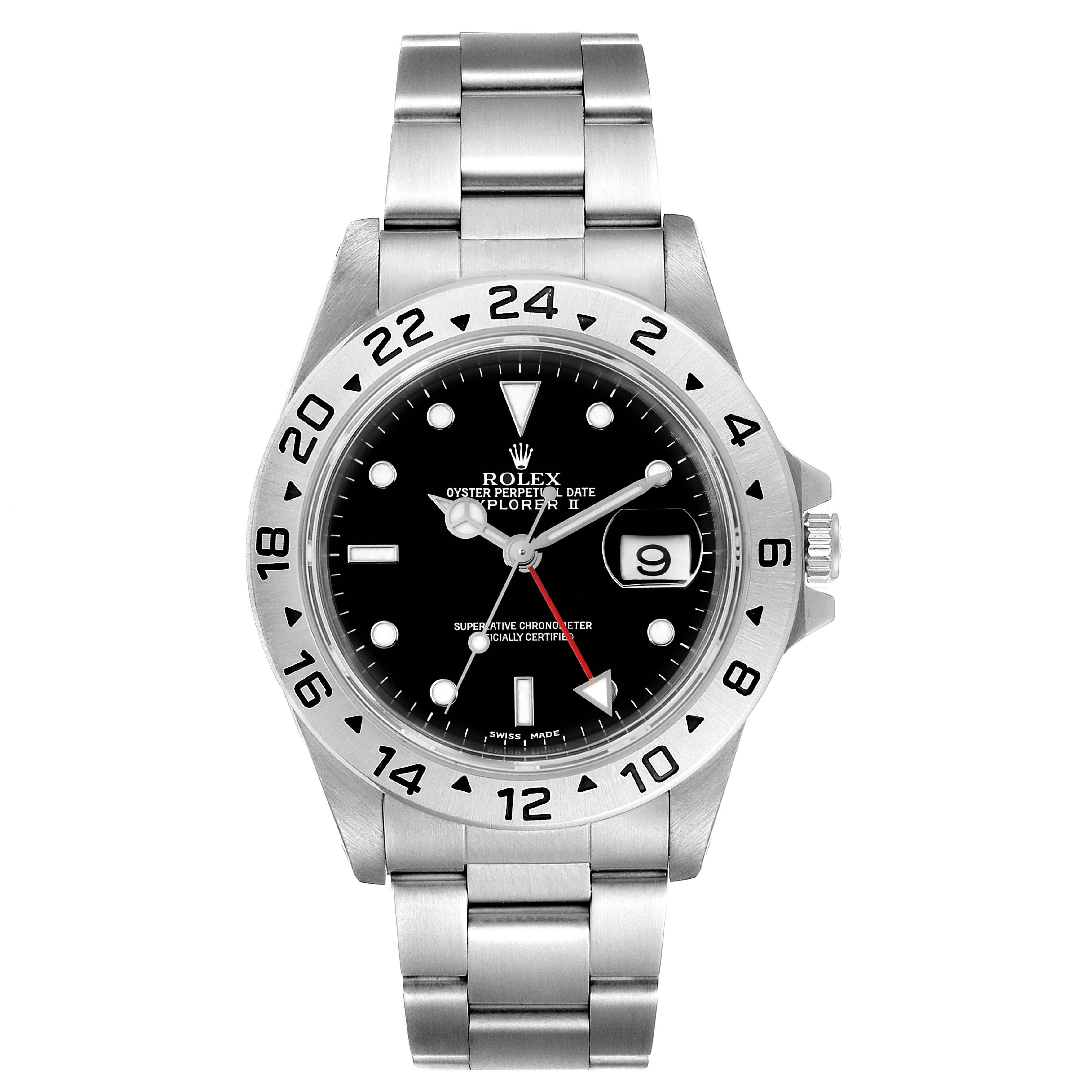 The Rolex Explorer 16570 Men
s Stainless Steel Black Dial 16570 Men
s Stainless Steel Black Dial watch is shown from a front angle, displaying the dial, bezel, hands, and bracelet.