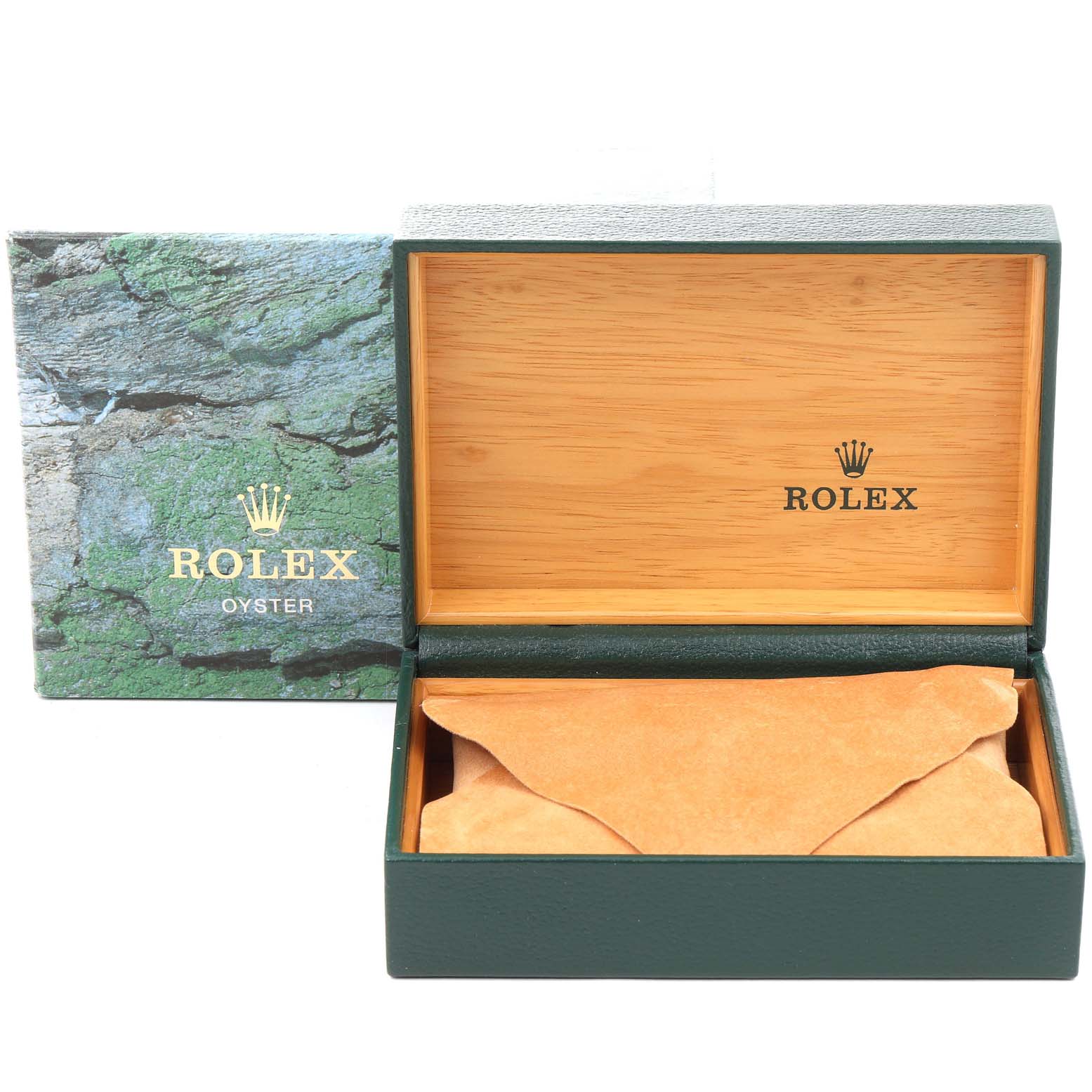 The image shows an open green Rolex watch box with a suede pouch inside, with the outer decorative box featuring the Rolex logo.