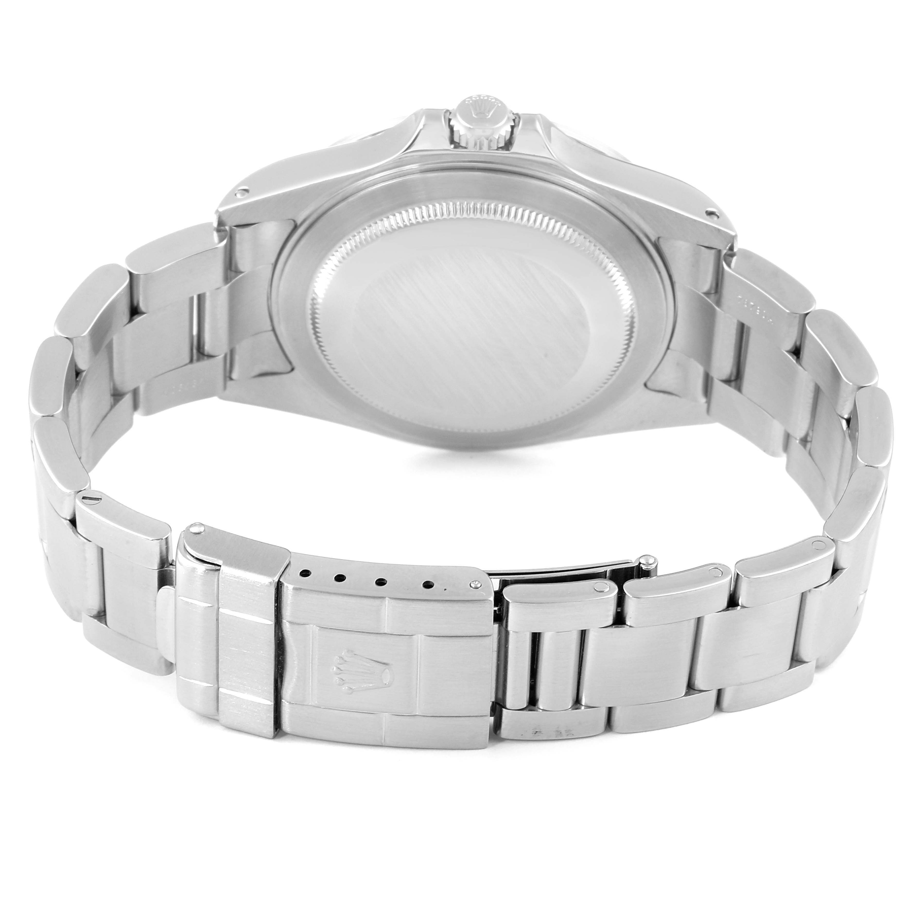 The image shows the back view of a Rolex Explorer 16570 Men
s Stainless Steel Black Dial 16570 Men
s Stainless Steel Black Dial, highlighting the case back, bracelet, and clasp.