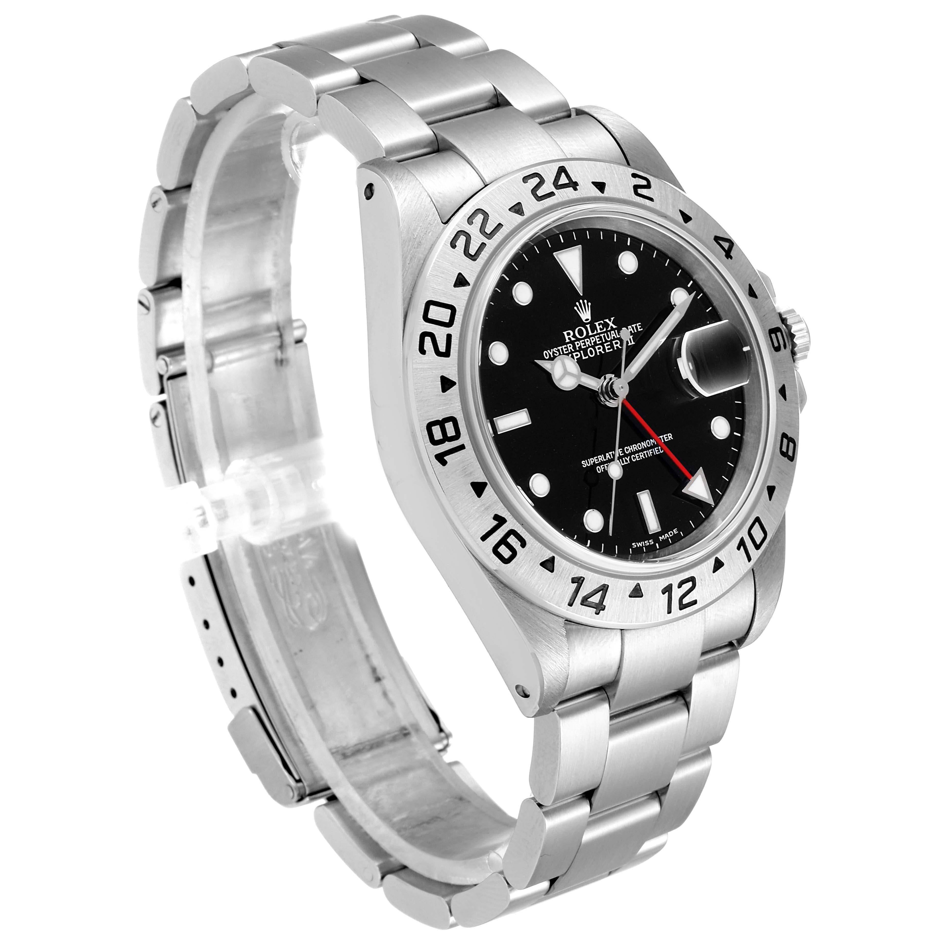 This Rolex Explorer 16570 Men
s Stainless Steel Black Dial 16570 Men
s Stainless Steel Black Dial model watch is shown at a slight angle, highlighting its face, bezel, and metal bracelet.