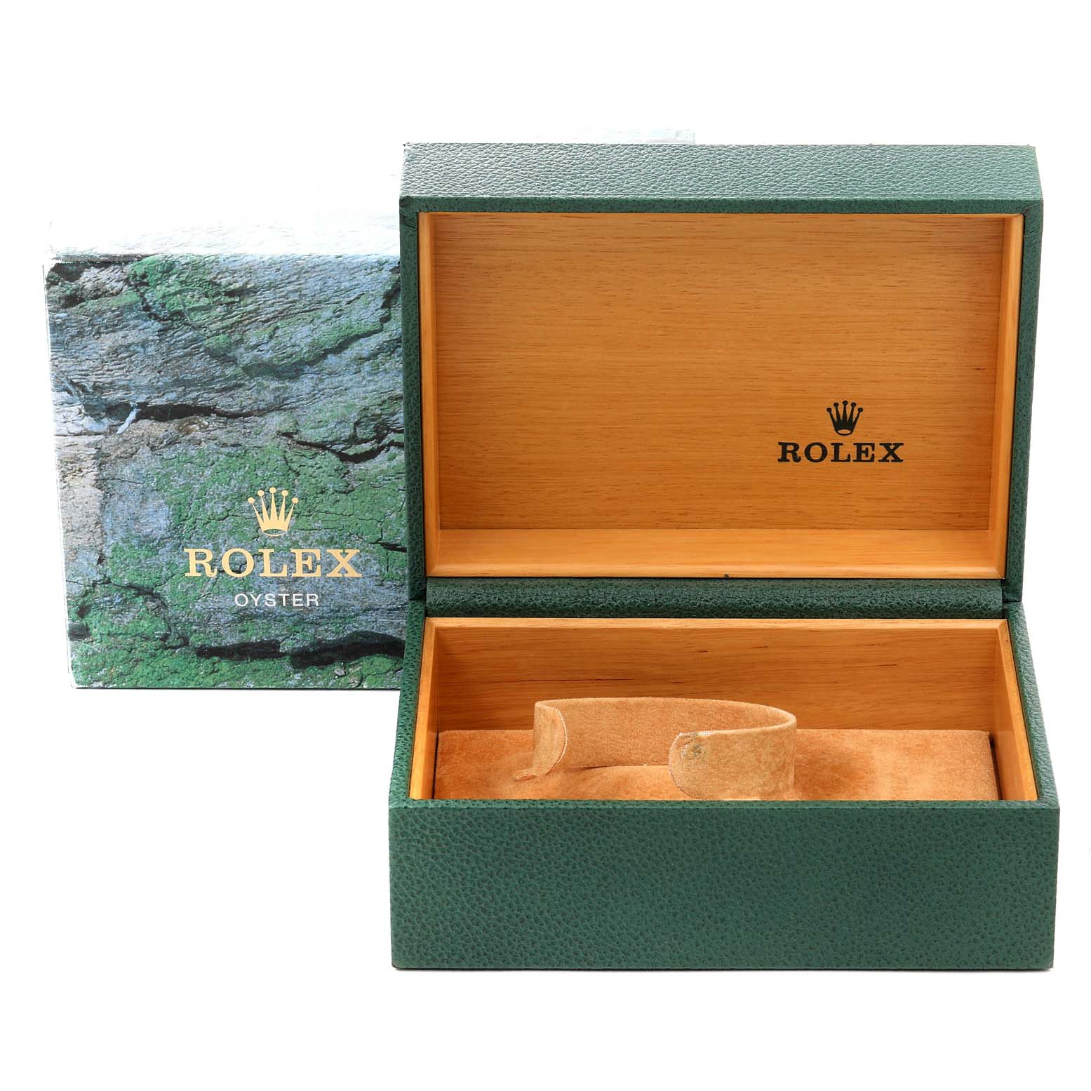 The image shows a Rolex GMT-Master 16710 Men's Stainless Steel Black Dial 16710 Men's Stainless Steel Black Dial watch box and inner packaging, including the green textured outer box and the wooden inner box with a cushion.