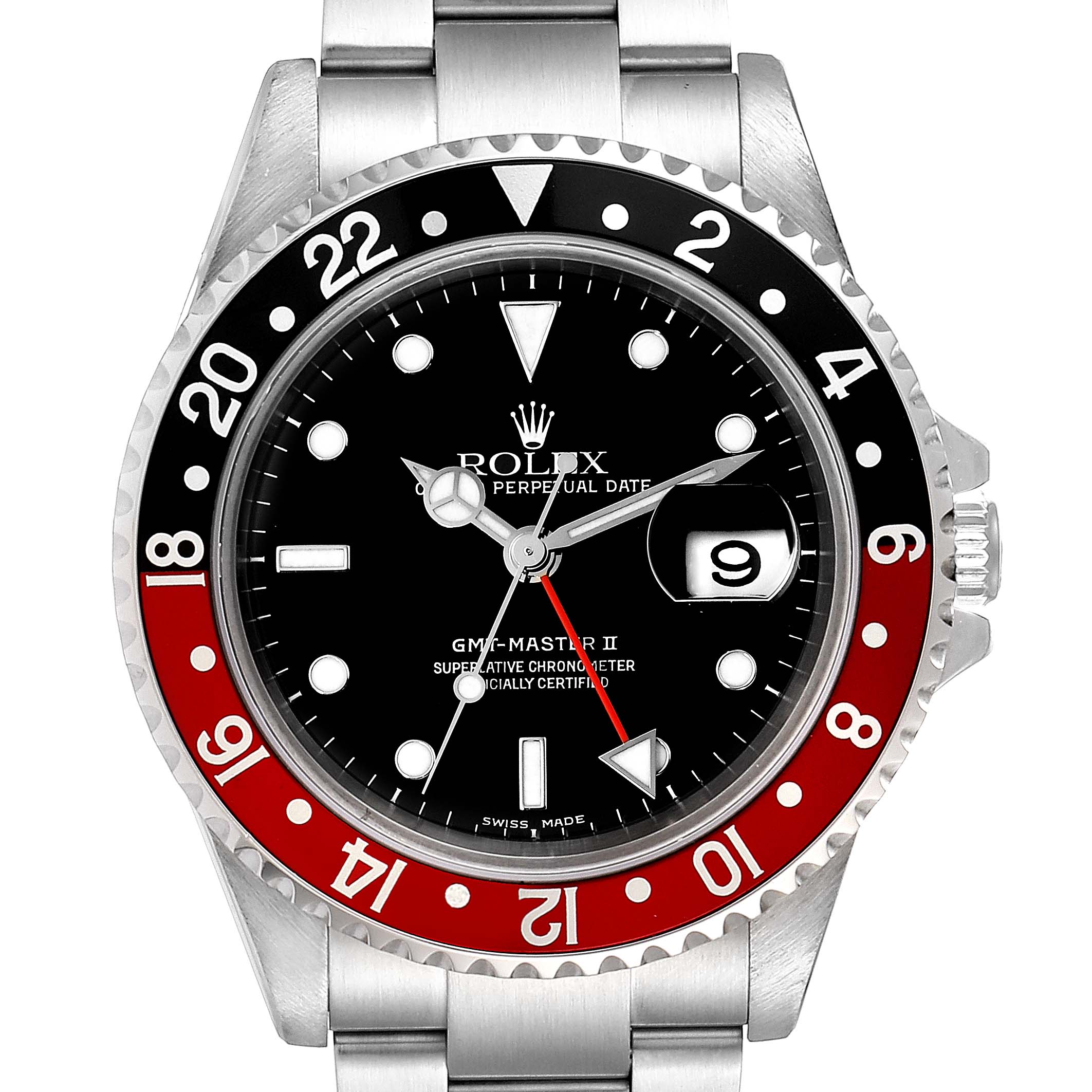 This image shows a front view of the Rolex GMT-Master 16710 Men's Stainless Steel Black Dial 16710 Men's Stainless Steel Black Dial II watch featuring its dial, bezel, and bracelet.