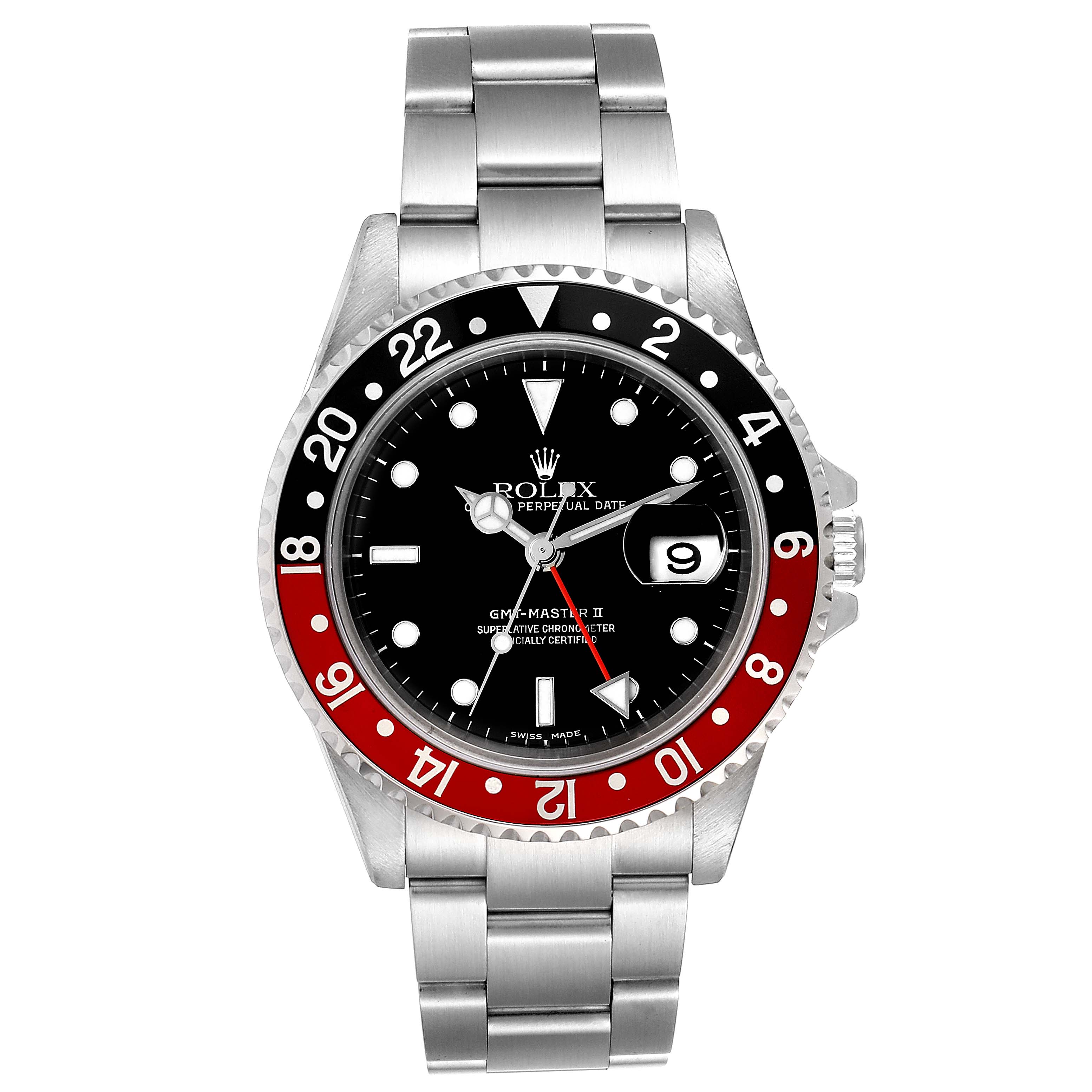 The Rolex GMT-Master 16710 Men's Stainless Steel Black Dial 16710 Men's Stainless Steel Black Dial II watch is shown from the front, displaying its bezel, dial, and stainless steel bracelet.